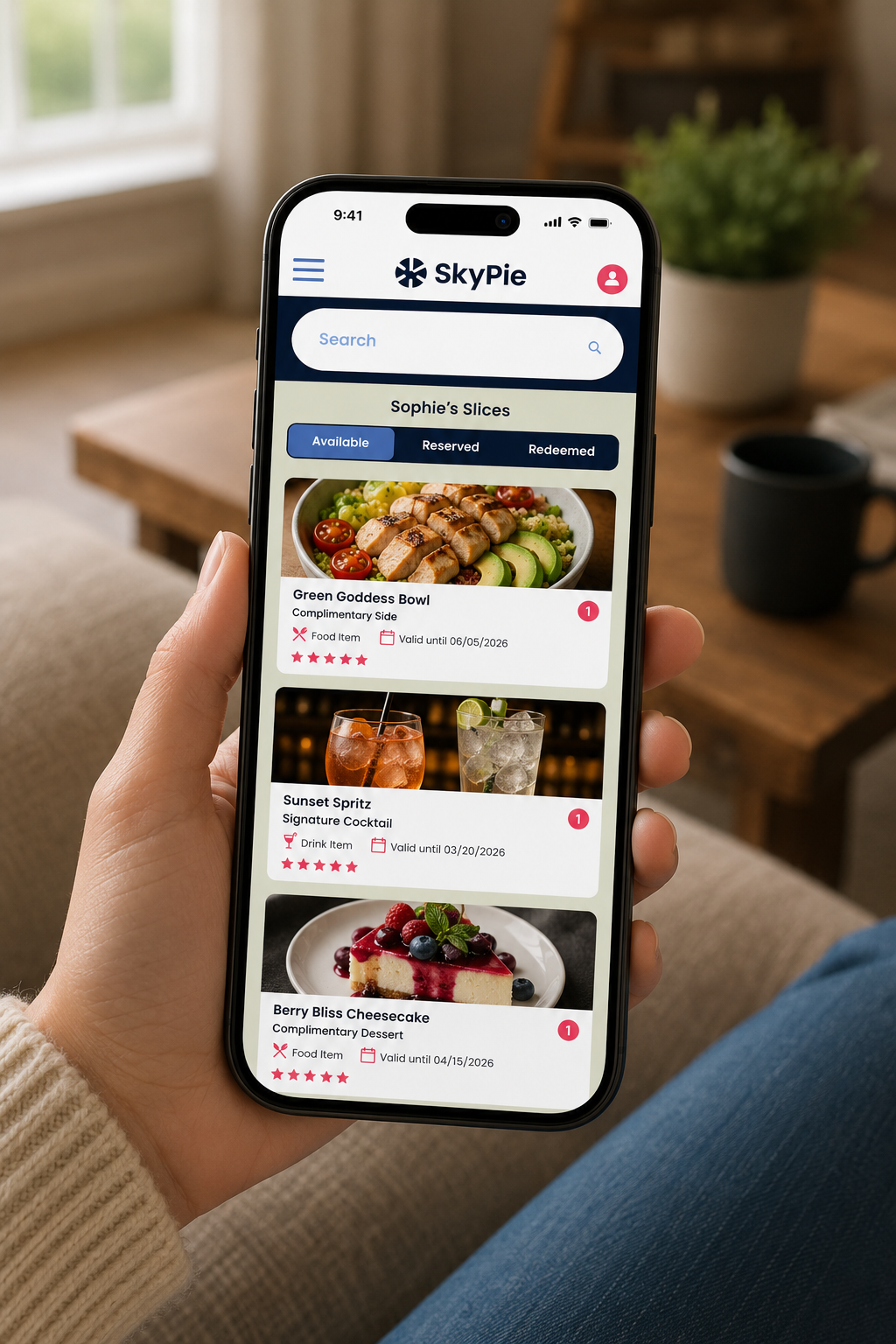 SkyPie mobile app displaying available food and drink Slices with tabs for available, reserved and redeemed perks.