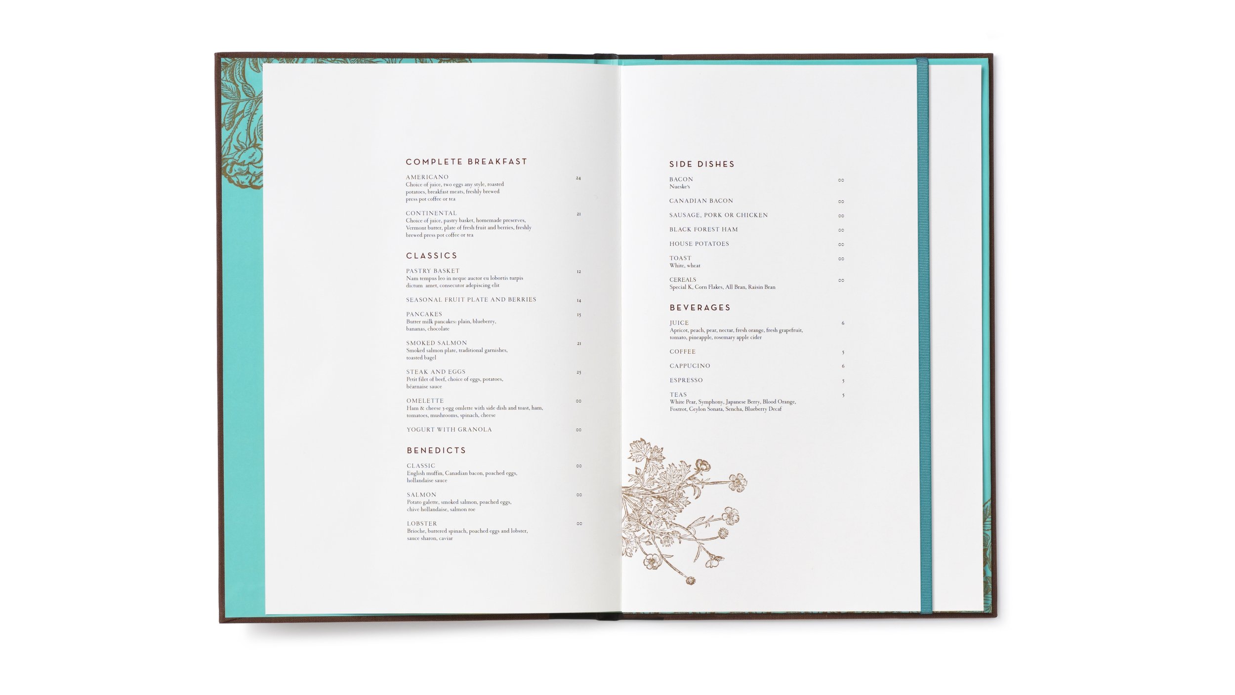 Open Ai Fiori breakfast menu with turquoise borders and botanical illustrations.