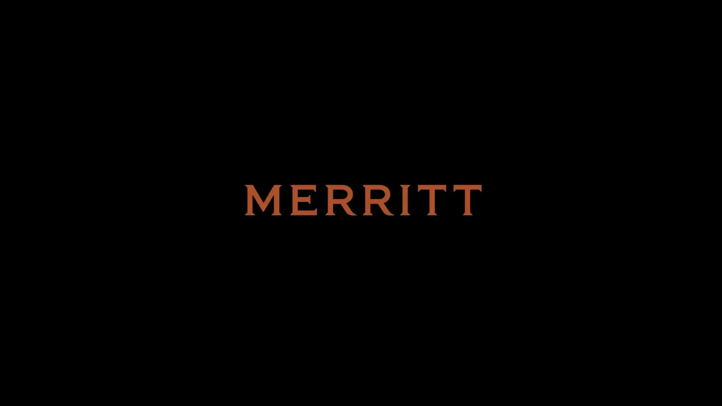 Merritt wordmark in copper-colored serif lettering on black.