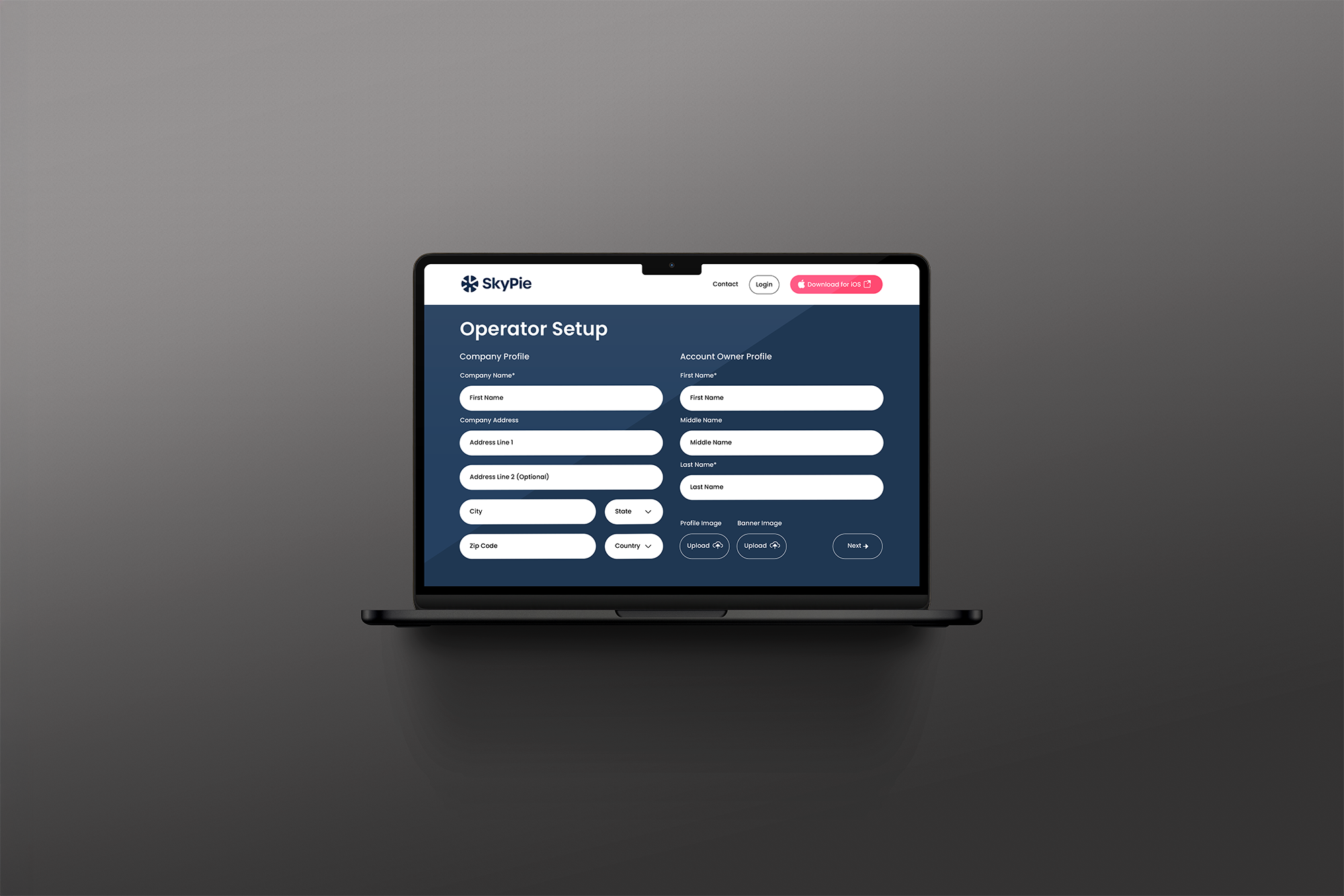 SkyPie operator setup page on a laptop, with fields for company details and the account owner’s profile.