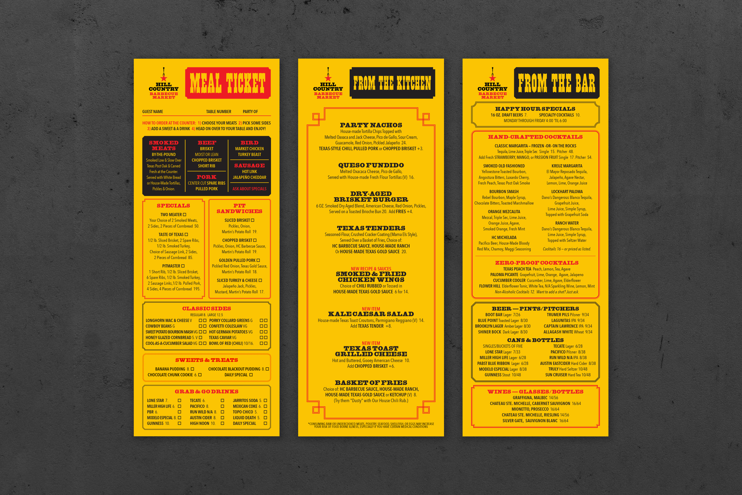 Hill Country meal ticket, kitchen menu and bar menu designed as coordinated narrow yellow panels.