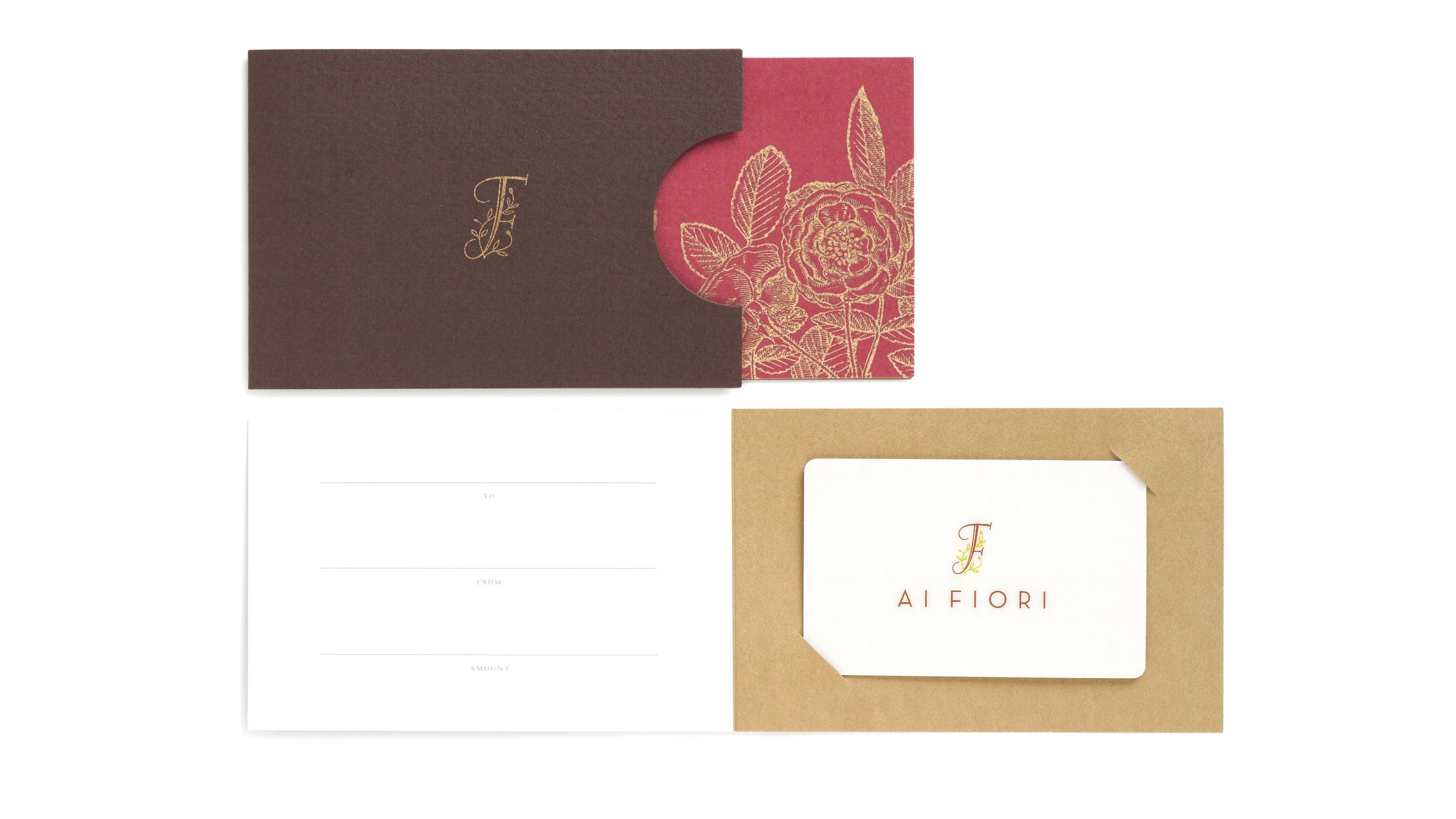 Ai Fiori gift-card packaging with a brown sleeve, red floral insert and gold card holder.