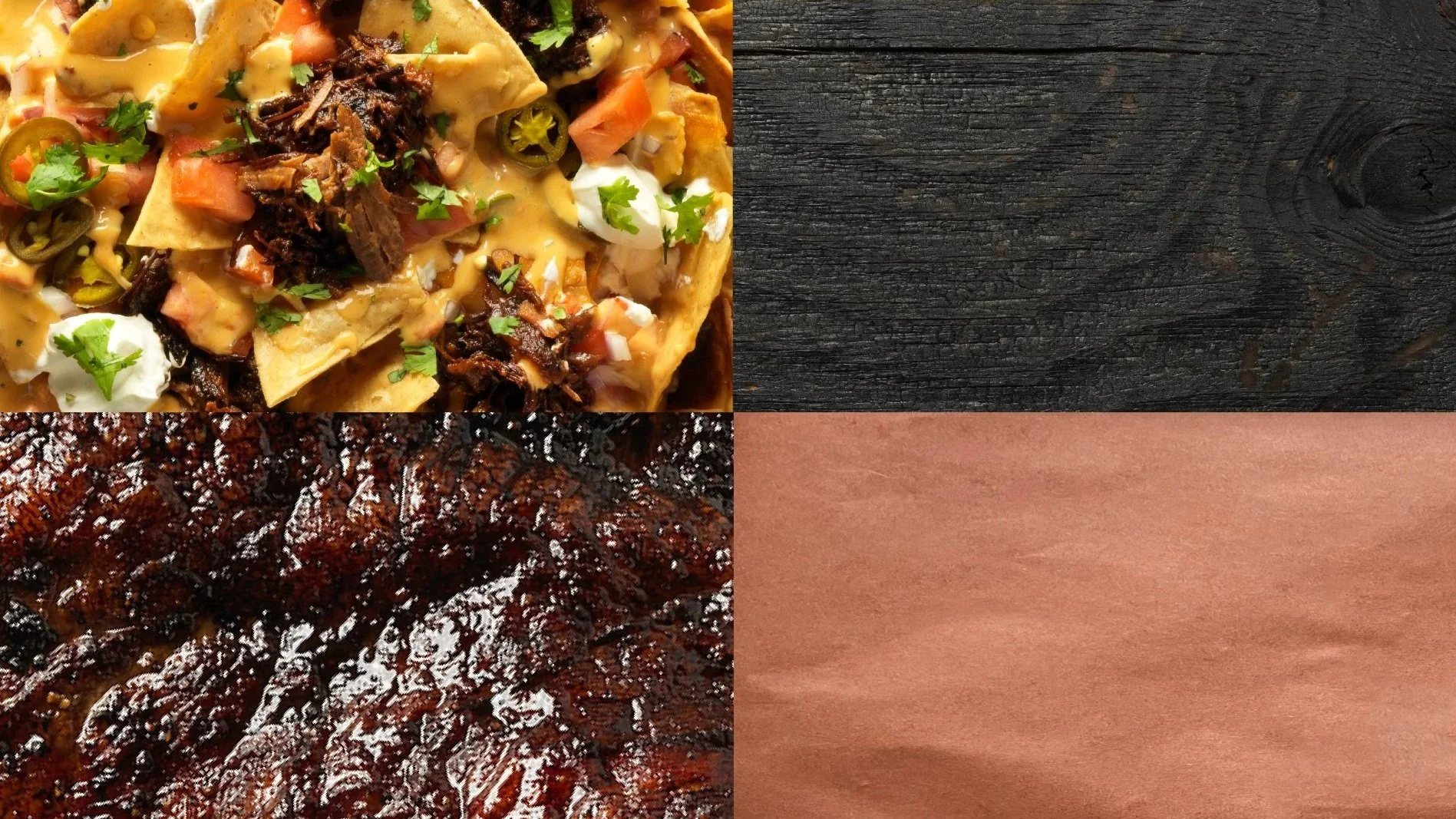 Hill Country visual palette pairing barbecue food photography with dark wood and butcher-paper textures.