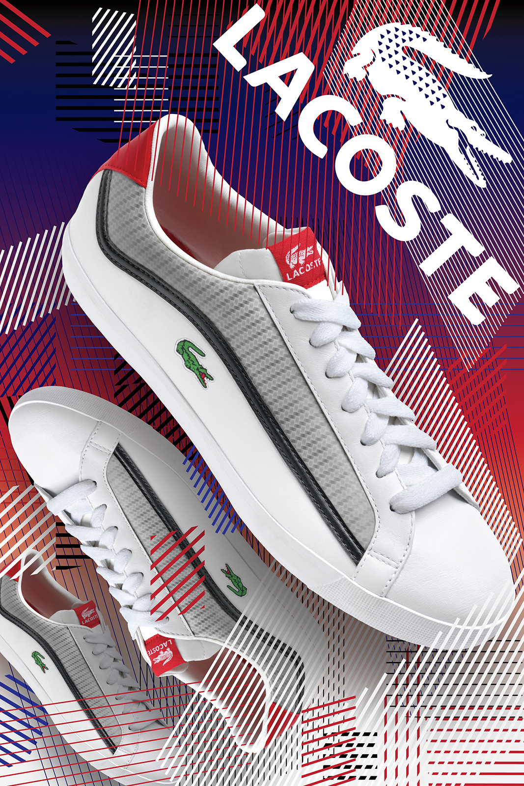Lacoste sneaker poster with large white shoes, diagonal branding and red, white and navy line patterns.