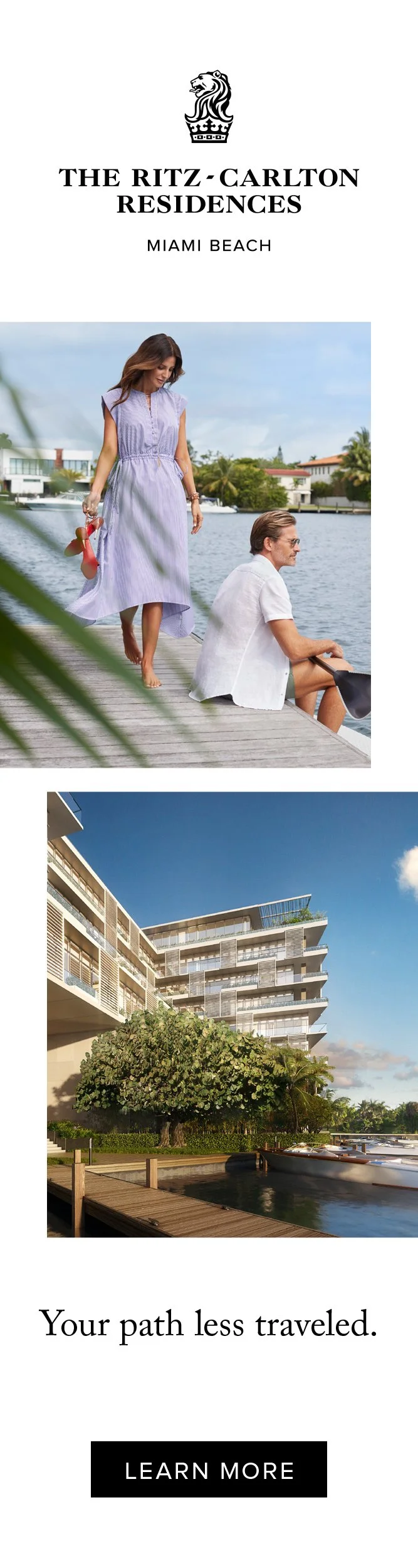 Ritz-Carlton Residences digital ad pairing a couple on a dock with residential architecture: Your path less traveled
