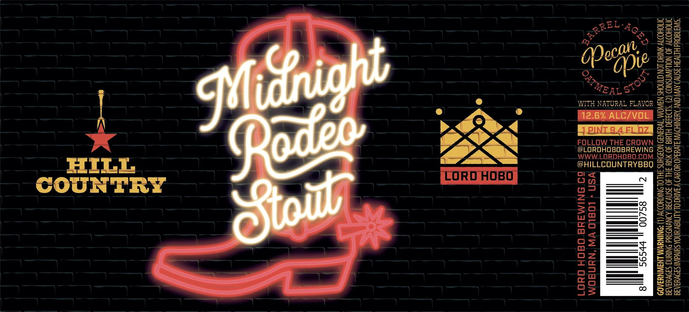 Midnight Rodeo Stout label artwork with a neon cowboy boot, script lettering, and Hill Country and Lord Hobo logos.