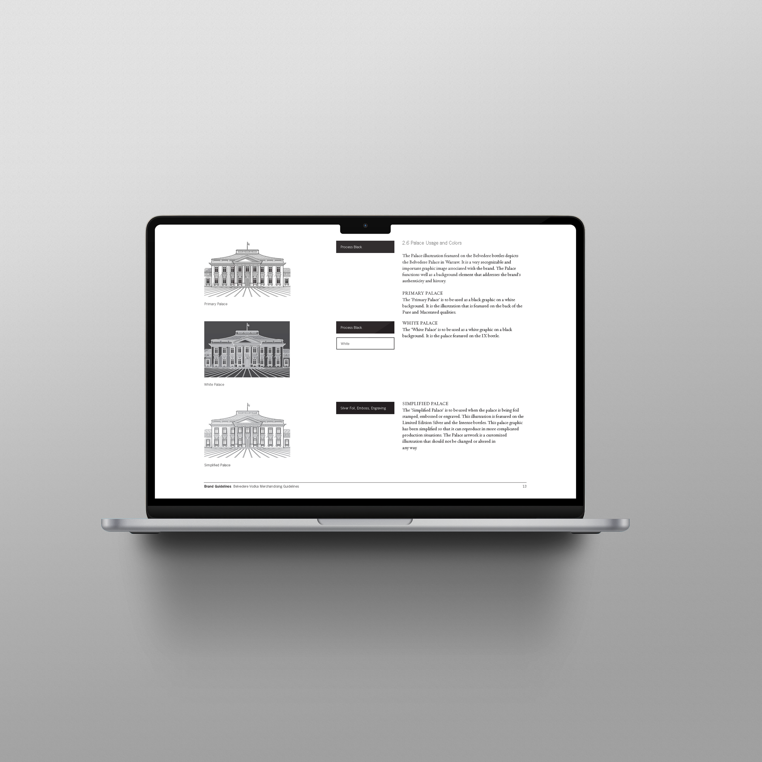Belvedere merchandising guidelines on a laptop, showing tree graphics and layout proportions.
