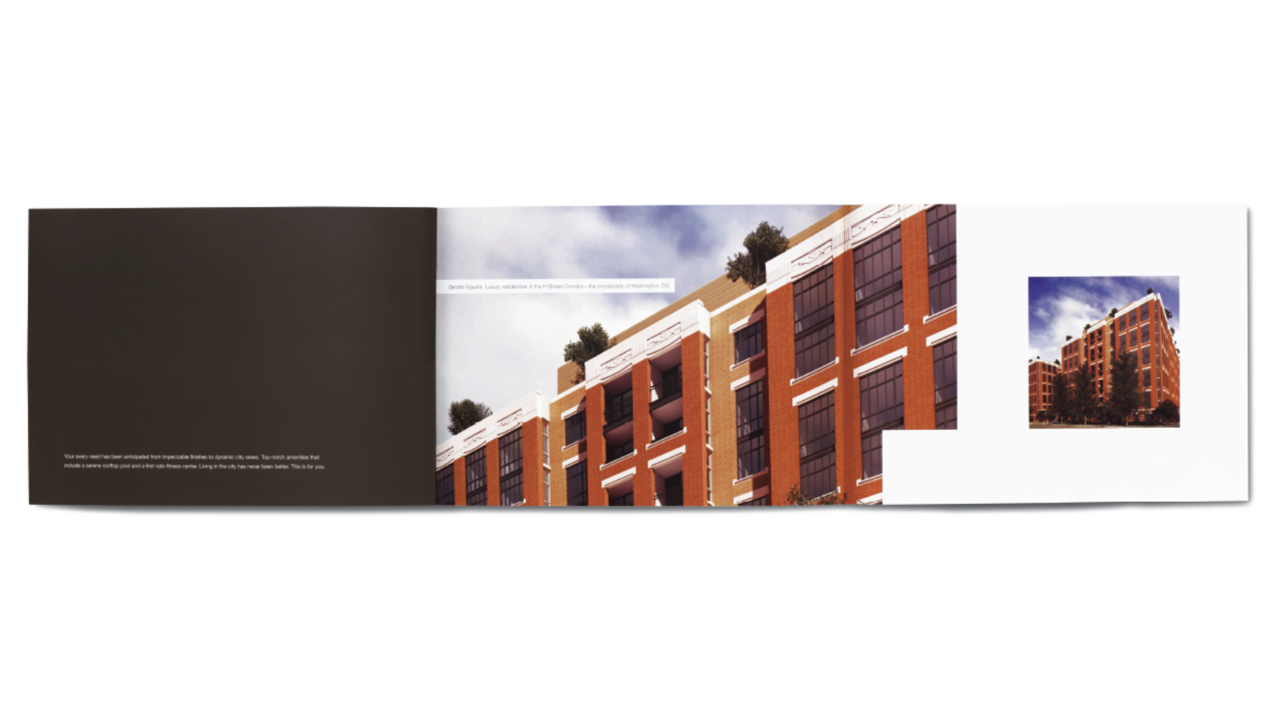 Senate Square brochure gatefold displaying the residential building’s brick facade across an expanded spread.