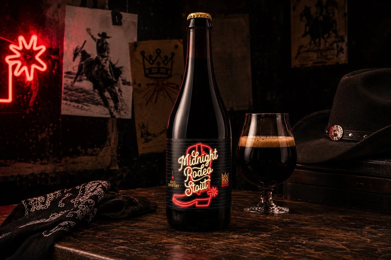 Midnight Rodeo Stout bottle and filled glass in a dark western-themed setting with neon light and a cowboy hat.