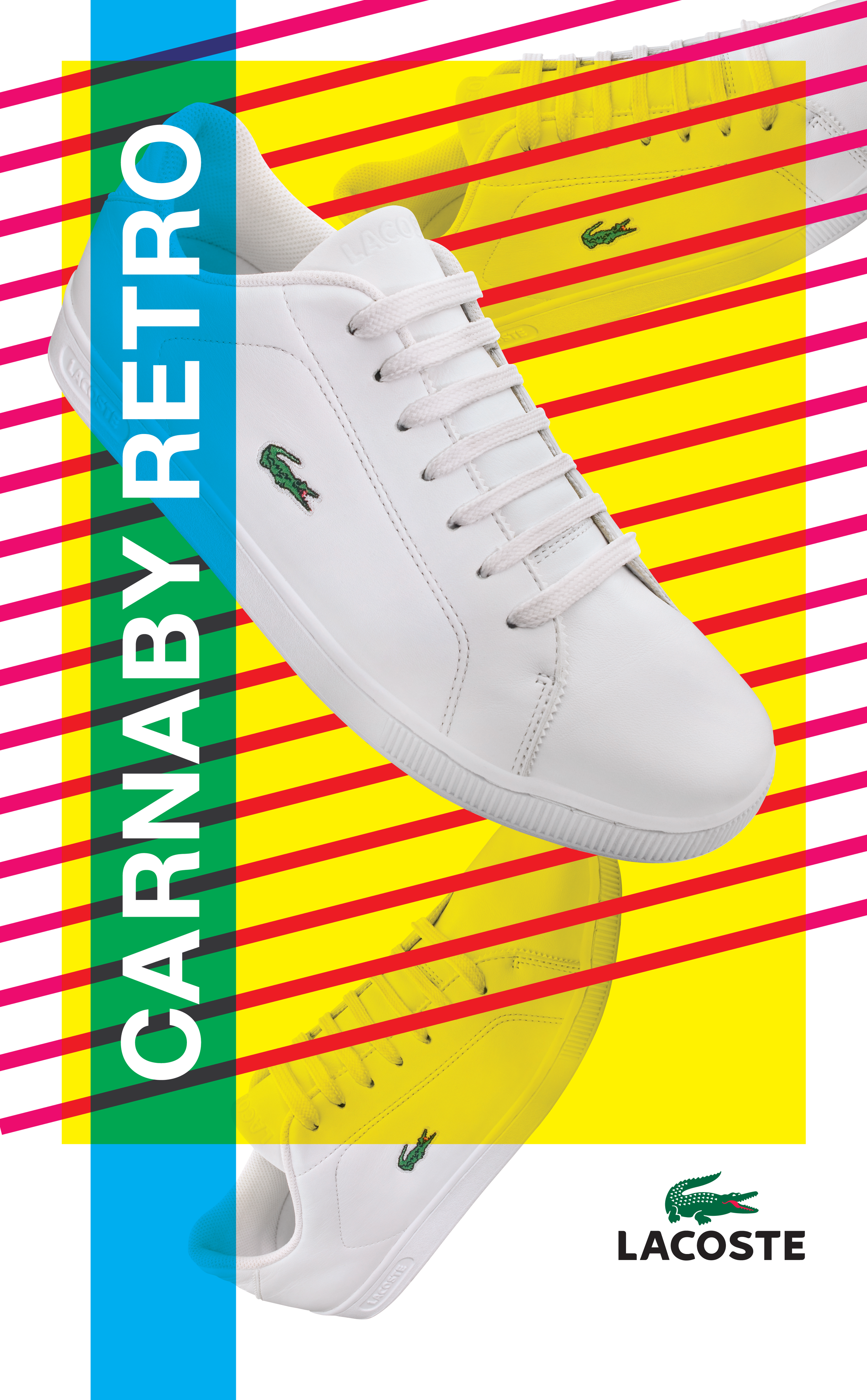Lacoste Carnaby Retro poster with a white sneaker, yellow background and red diagonal stripes.