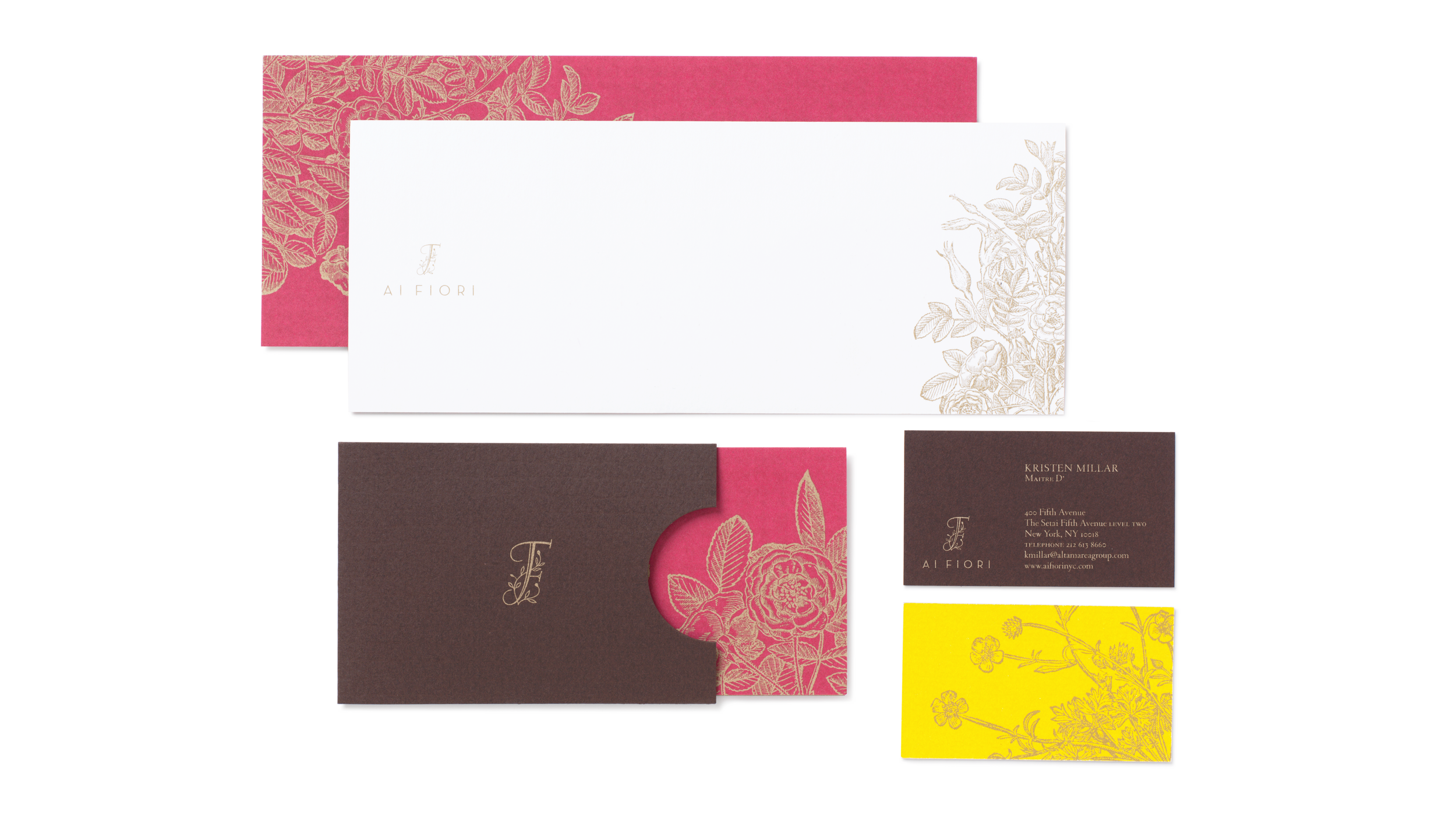 Ai Fiori stationery and business cards in brown, red, yellow and cream with gold botanical details.