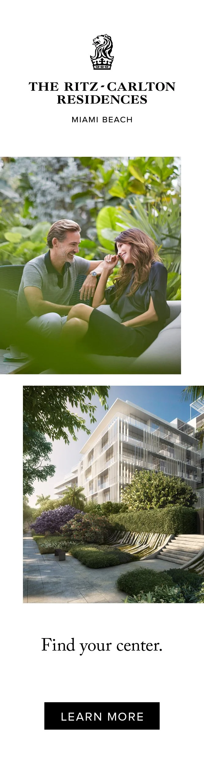 Ritz-Carlton Residences digital ad pairing a couple in a garden with landscaped architecture: Find your center