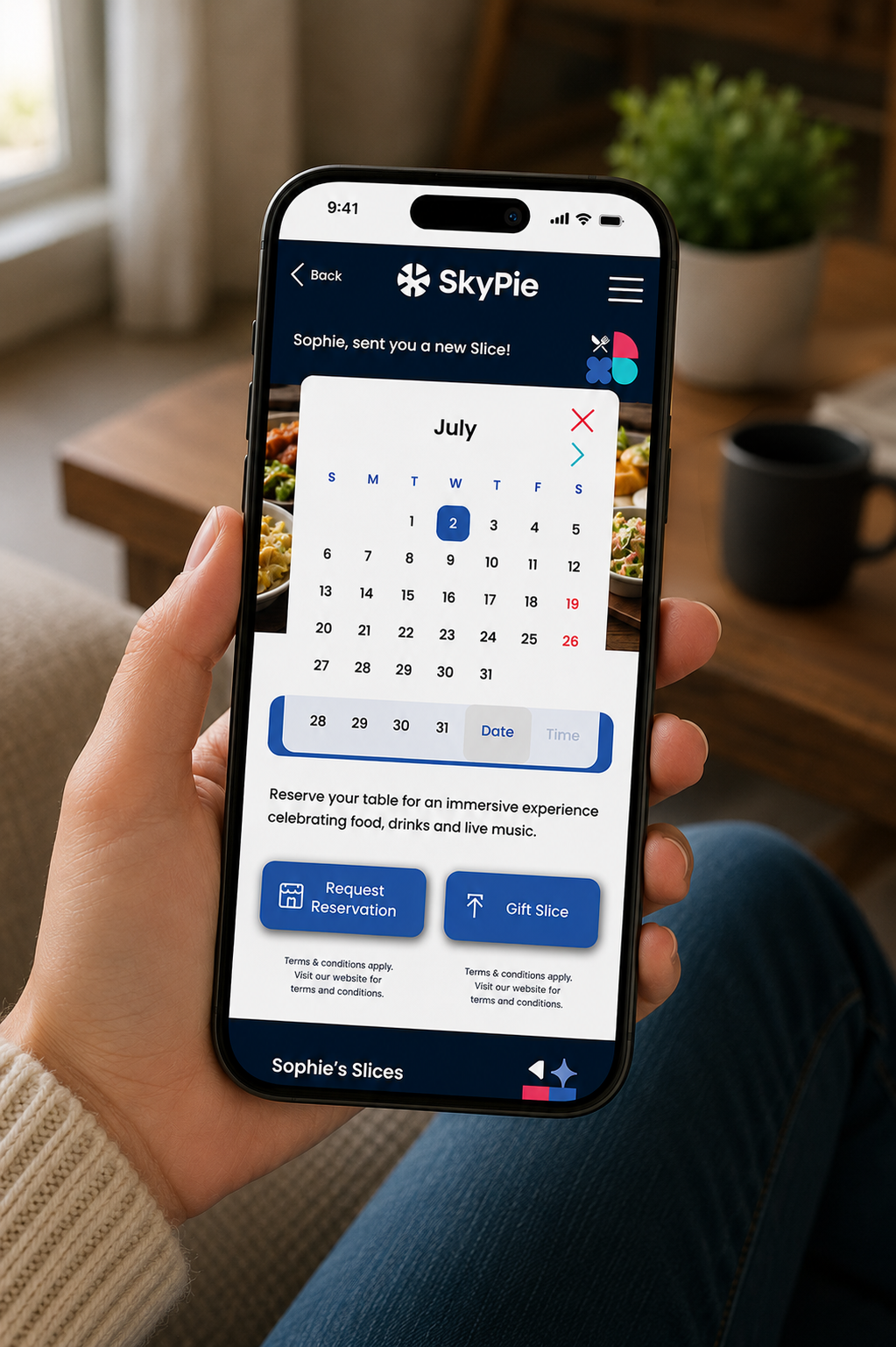 SkyPie mobile reservation interface with a date-picker calendar and controls to request a reservation or gift a Slice.