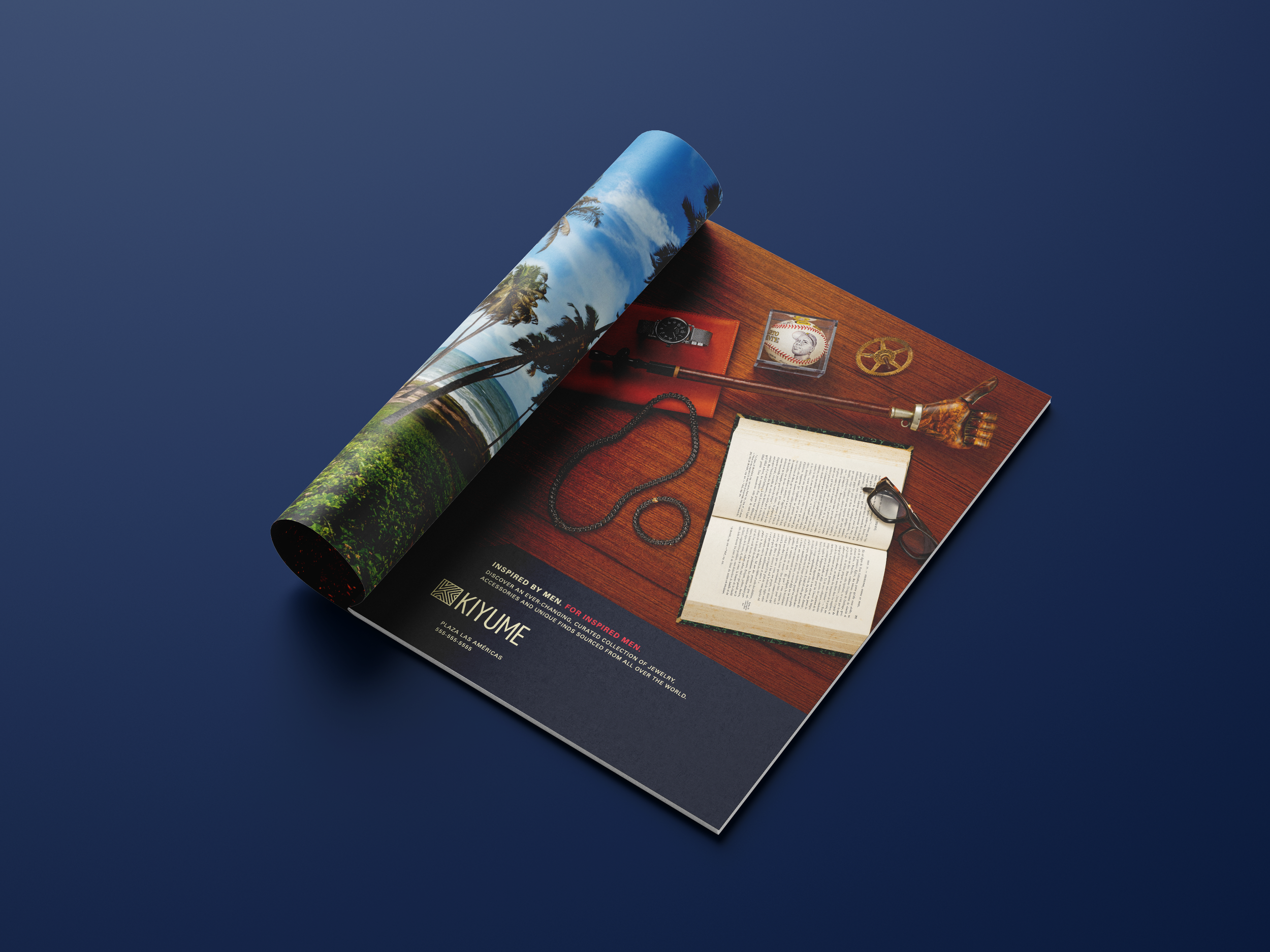 Kiyume magazine advertisement featuring a watch, carved walking stick, jewelry and an open book.