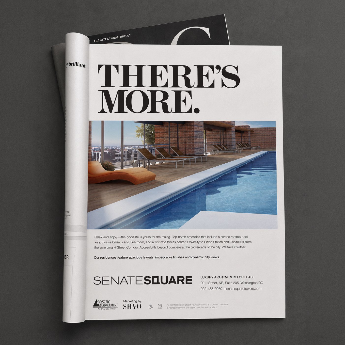 Senate Square print advertisement featuring the rooftop pool beneath the headline “There’s more.”