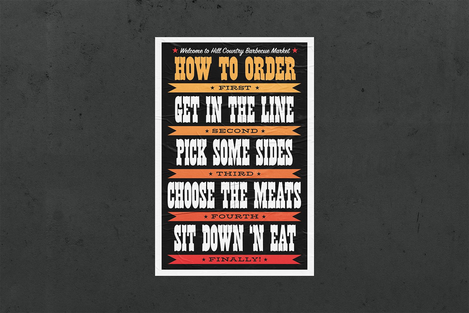 Hill Country How to Order poster using bold Western-style lettering and colored banners for each step.
