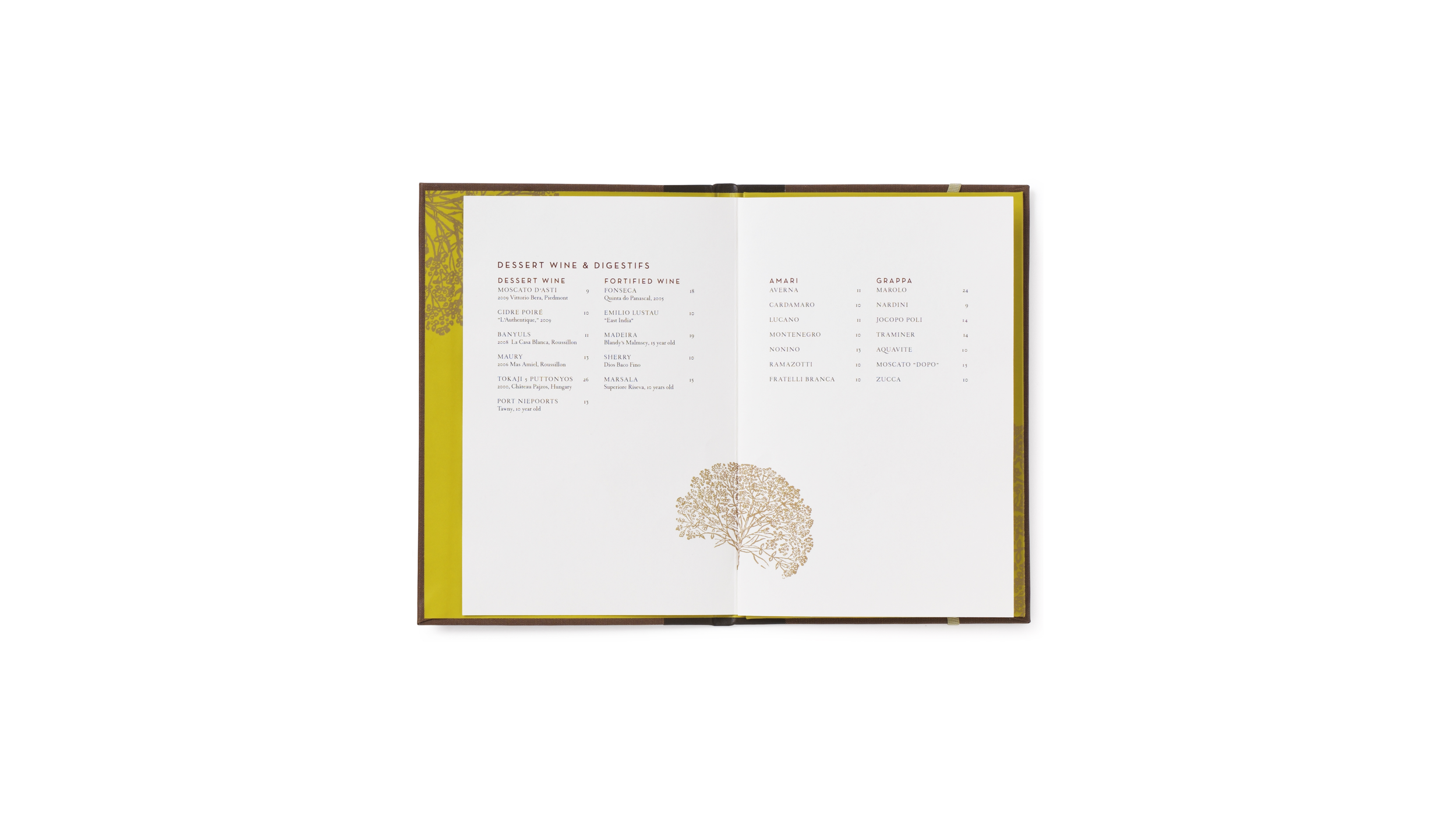 Open Ai Fiori dessert-wine and digestif menu with a yellow border and botanical illustration.