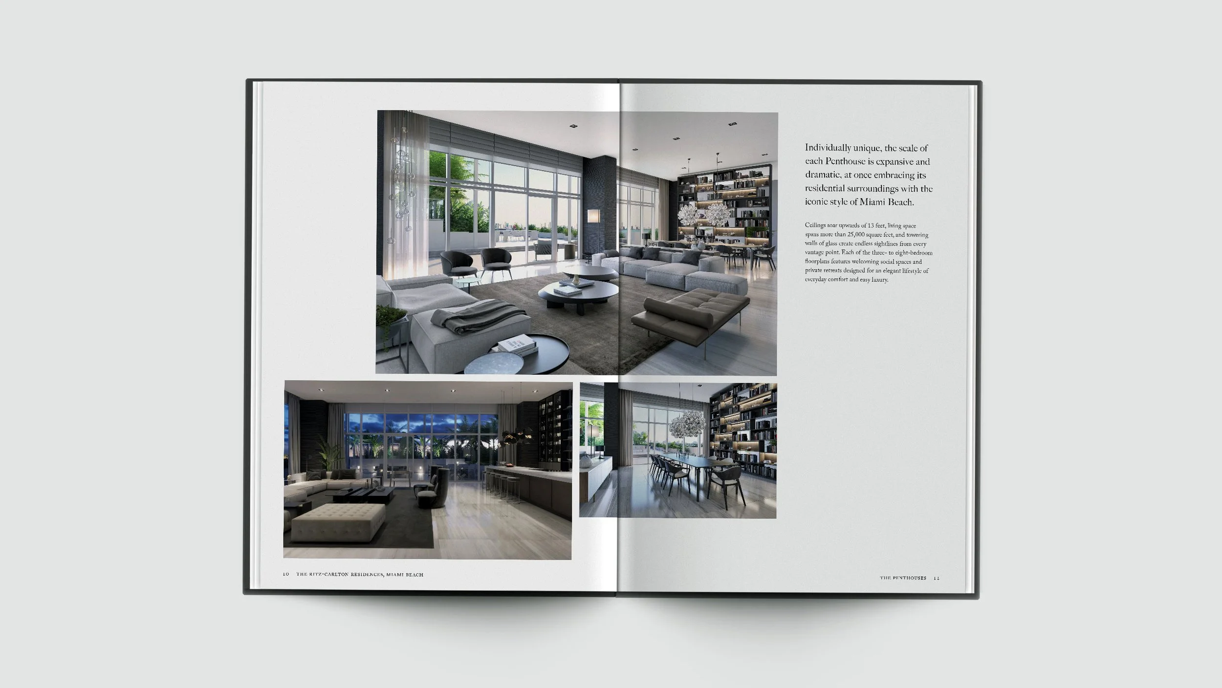 Ritz-Carlton Residences, Miami Beach sales brochure spread featuring penthouse living and dining interiors