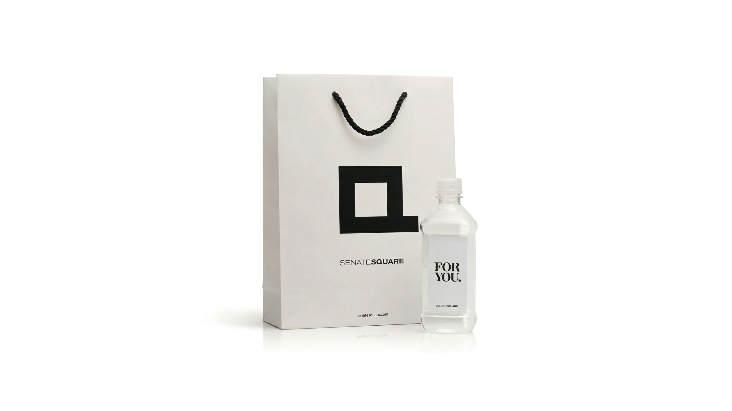 Senate Square branded gift bag with a square monogram and a water bottle labeled “For you.”