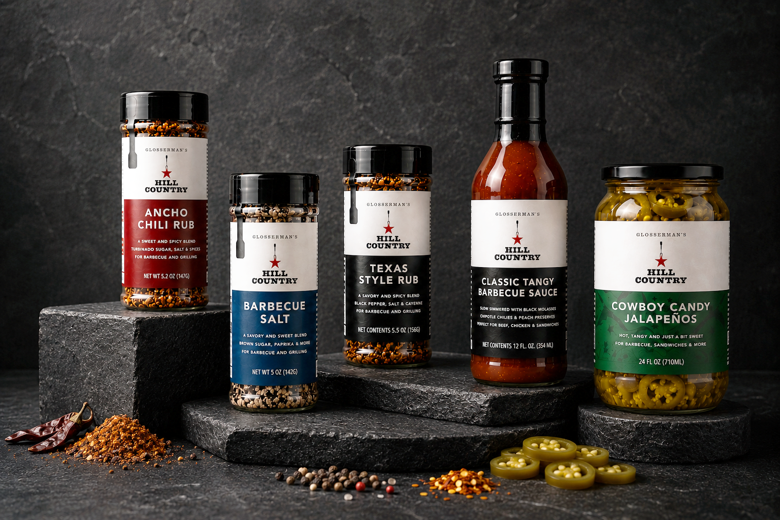 Hill Country retail-packaging lineup combining barbecue sauce with rub, seasoning and jalapeño jar concepts.