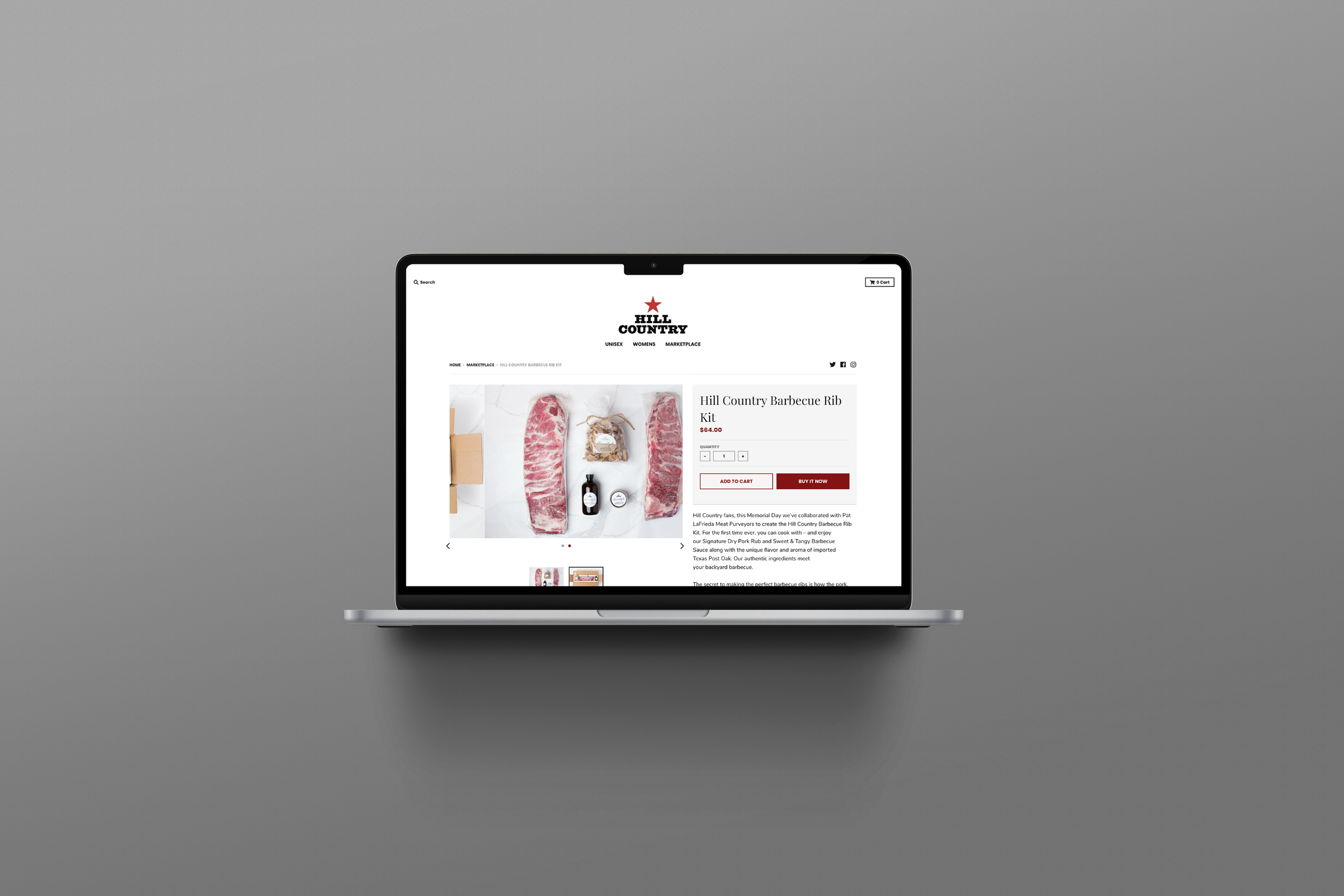 Laptop mockup showing the Hill Country Backyard Rib Kit product page and online ordering interface.