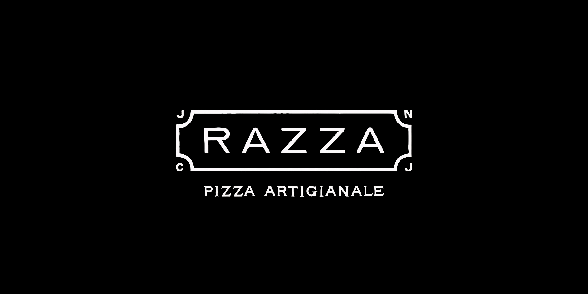 Razza Pizza Artigianale wordmark within a hand-drawn rectangular border, shown in white on black.