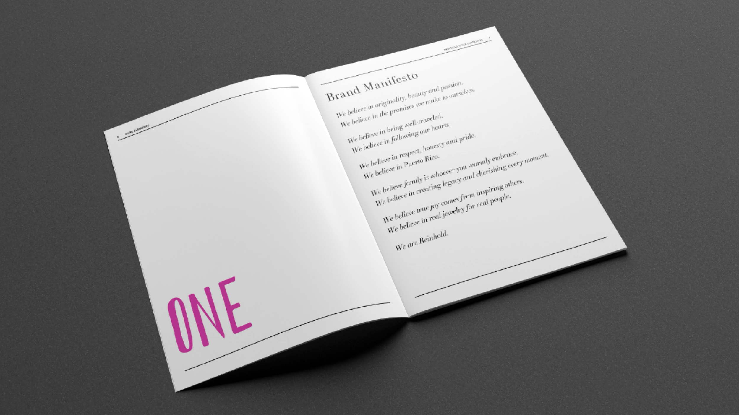 Reinhold Jewelers brand manifesto spread with a magenta chapter number and restrained black typography.