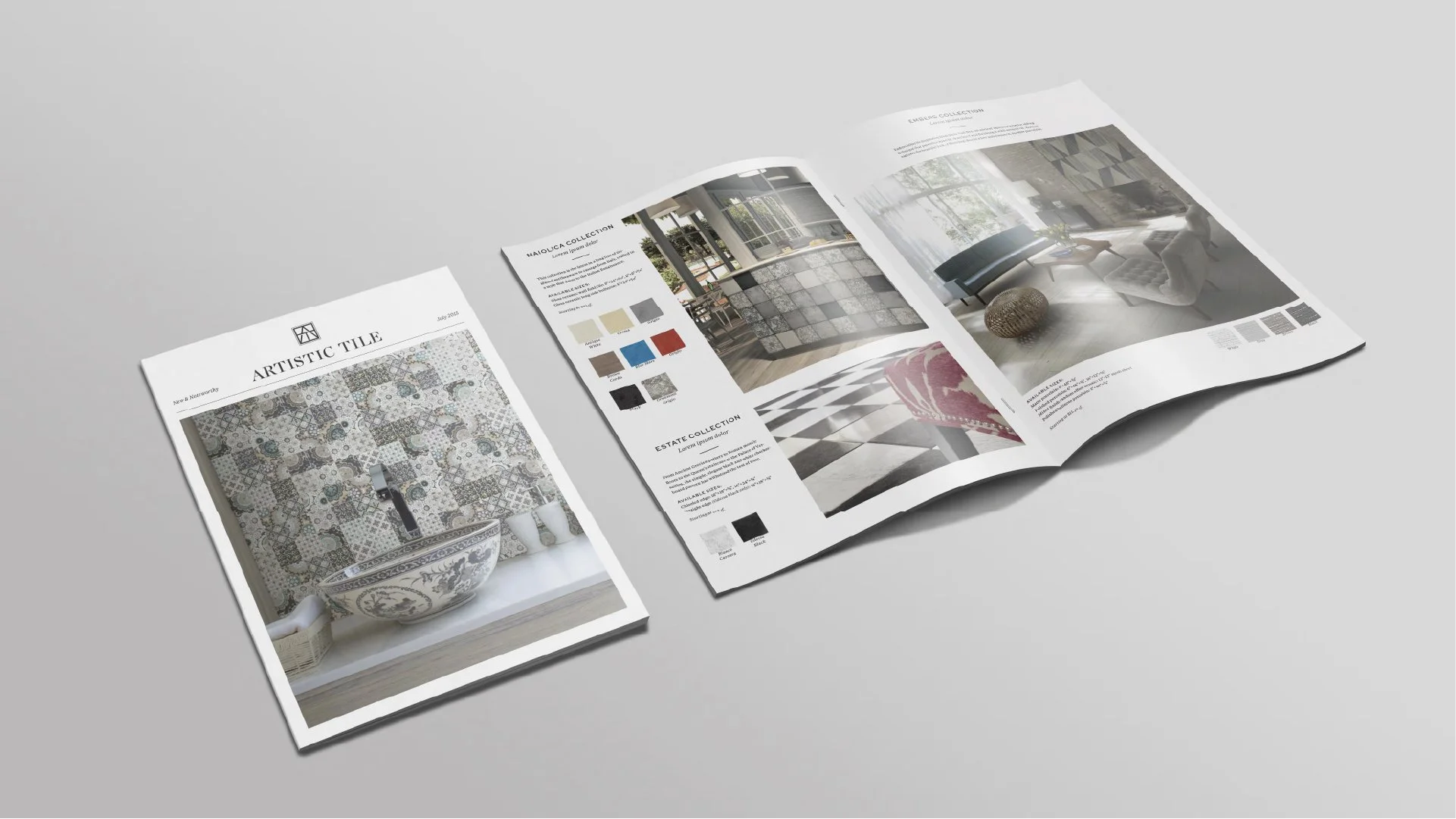 Artistic Tile catalogue cover and interior spread with room photography, product details and color swatches.