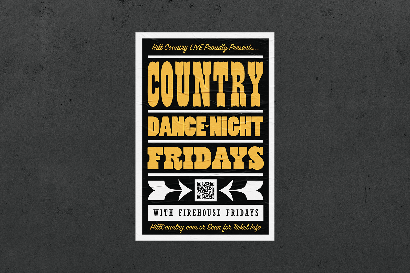 Hill Country Live Country Dance Night poster with oversized yellow and white Western-style lettering.