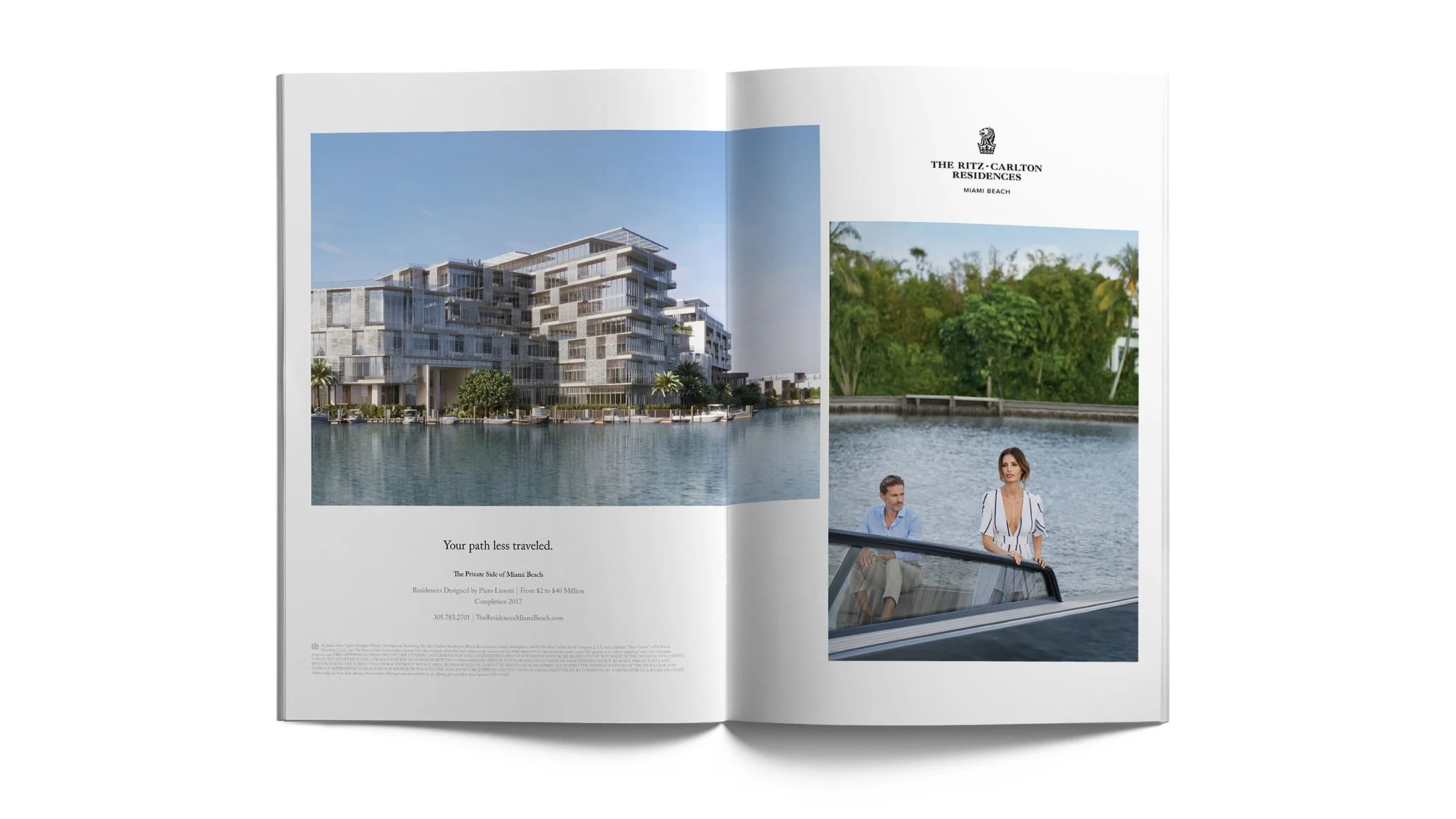 Ritz-Carlton Residences print advertisement pairing waterfront architecture with a boating scene: Your path less traveled