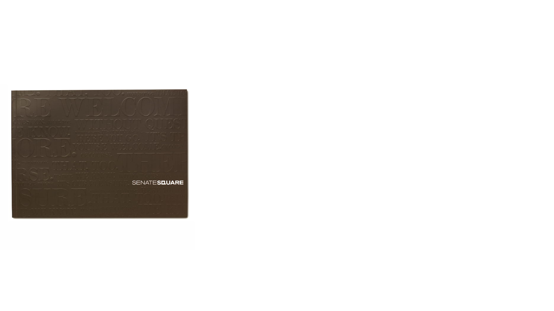 Senate Square brochure cover with tonal embossed campaign headlines and a white property wordmark.