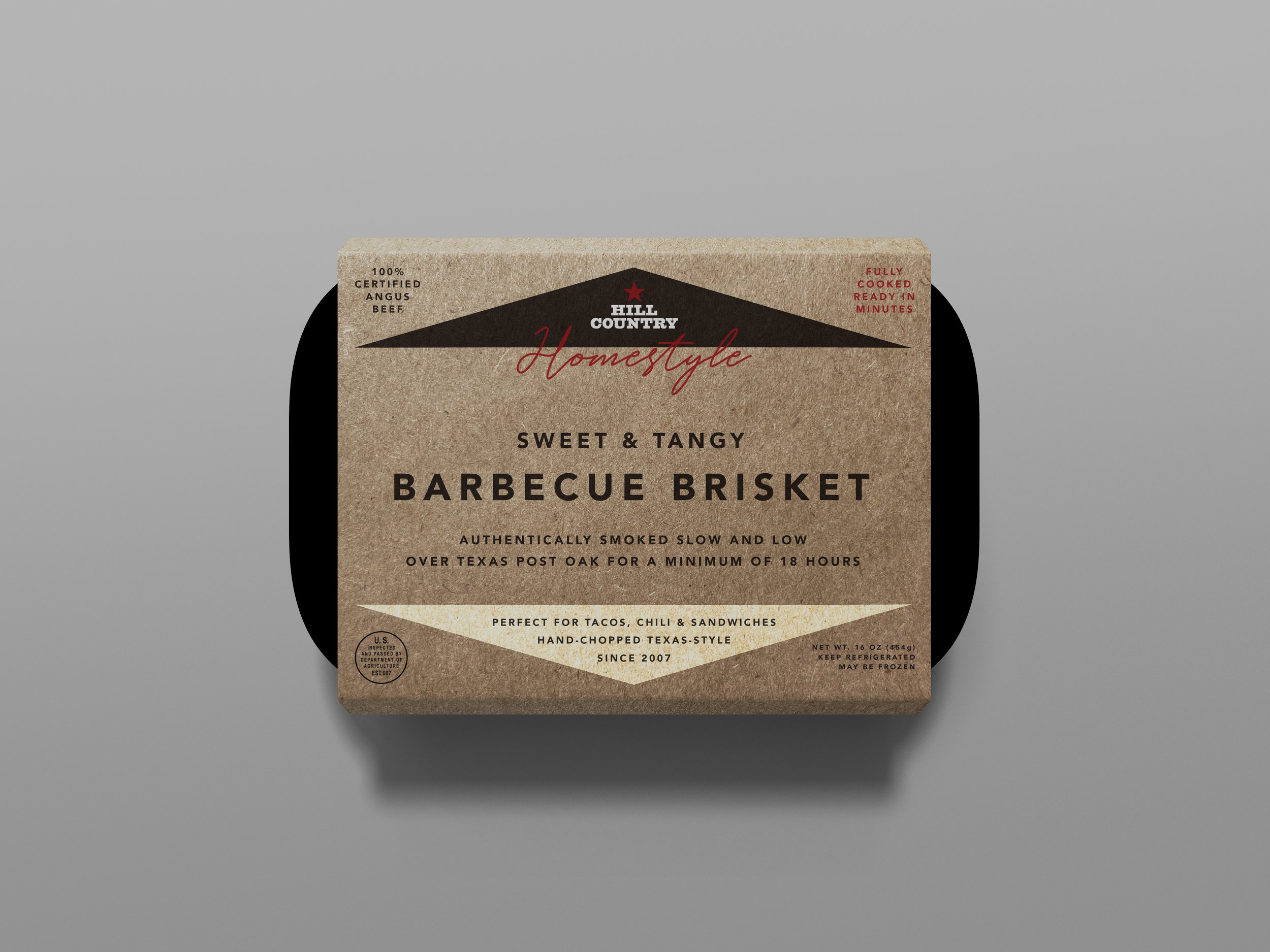 Hill Country Homestyle barbecue-brisket packaging concept with a kraft-paper sleeve and red script wordmark.