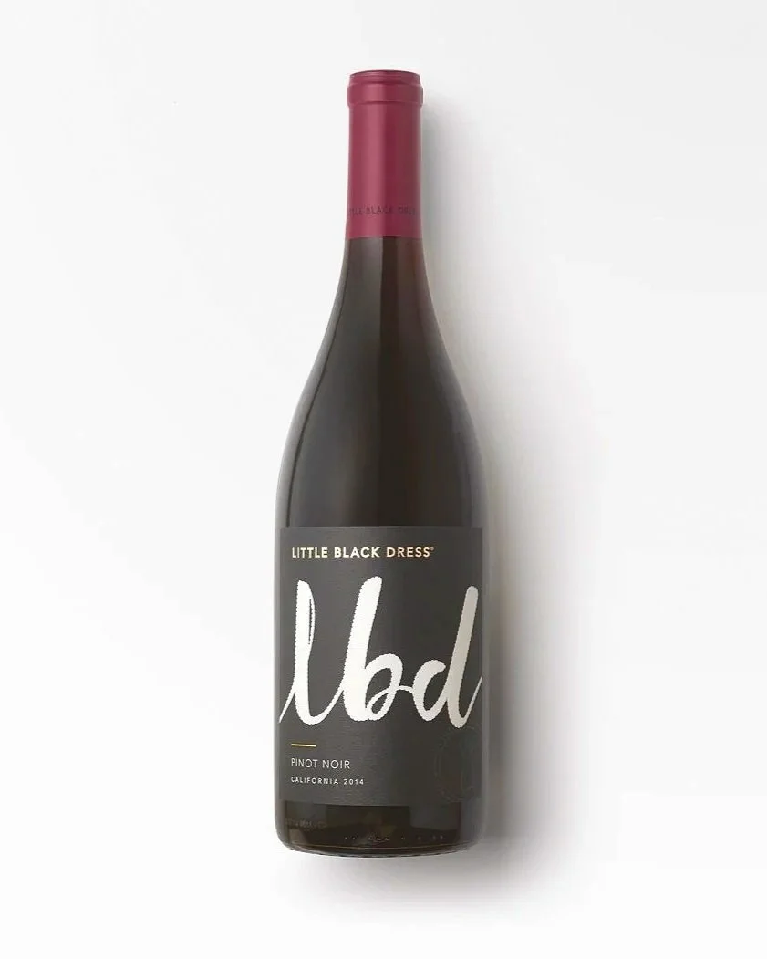 Little Black Dress Pinot Noir bottle with a dark label, white script logo and burgundy capsule on white.