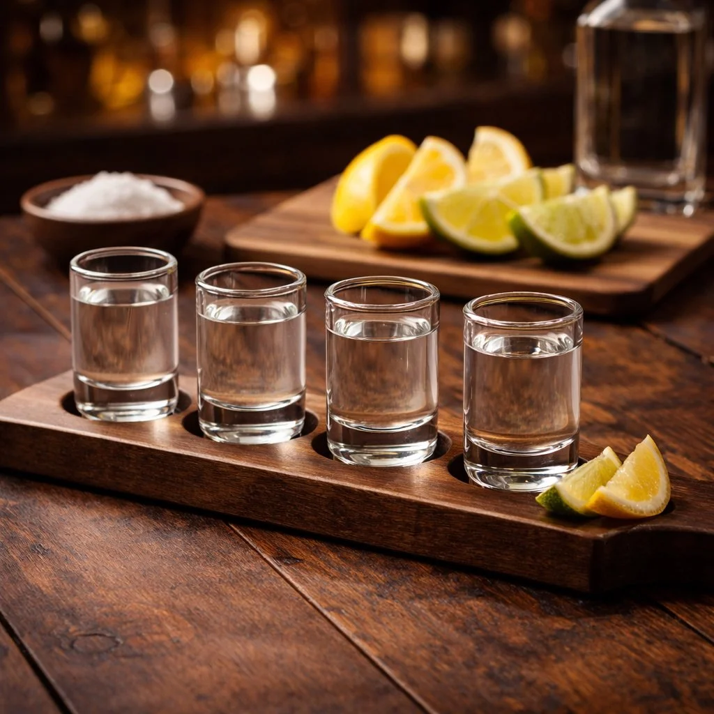 Four shot glasses on a wooden tasting paddle with citrus wedges, created for SkyPie restaurant content.