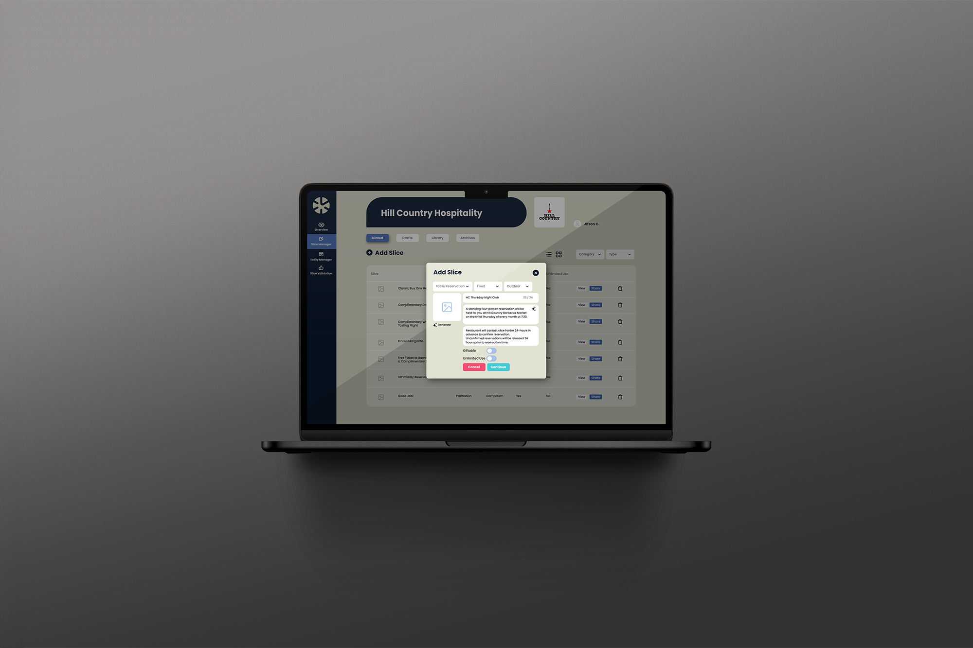 SkyPie operator dashboard on a laptop with an Add Slice dialog for creating a restaurant perk.