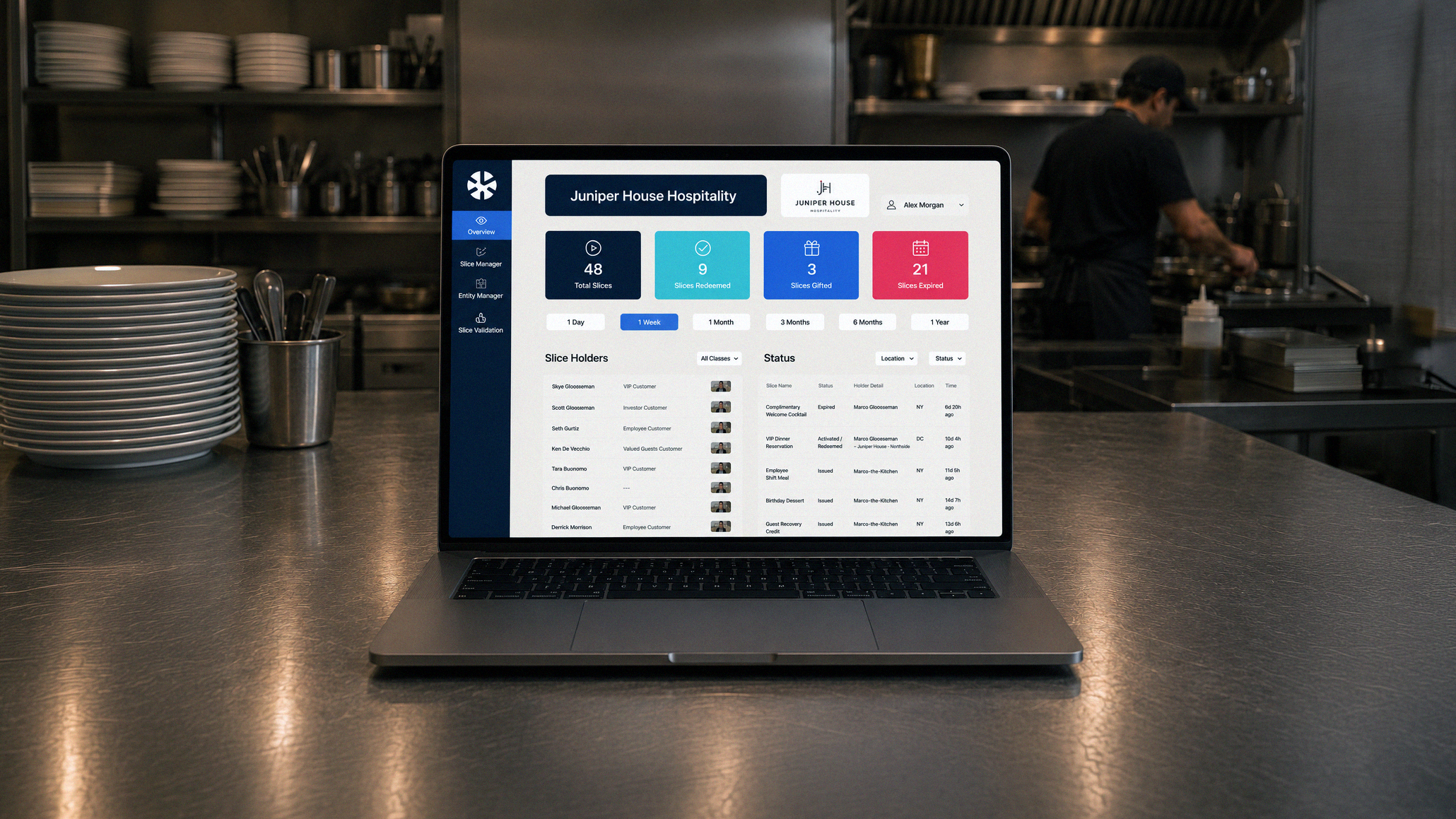 SkyPie operator dashboard on a laptop in a restaurant kitchen, with Slice activity totals and a customer-management table.