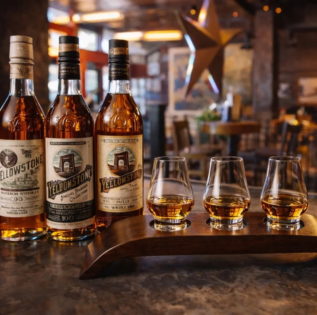 Yellowstone whiskey bottles and three filled tasting glasses on a wooden paddle, styled for SkyPie restaurant content.