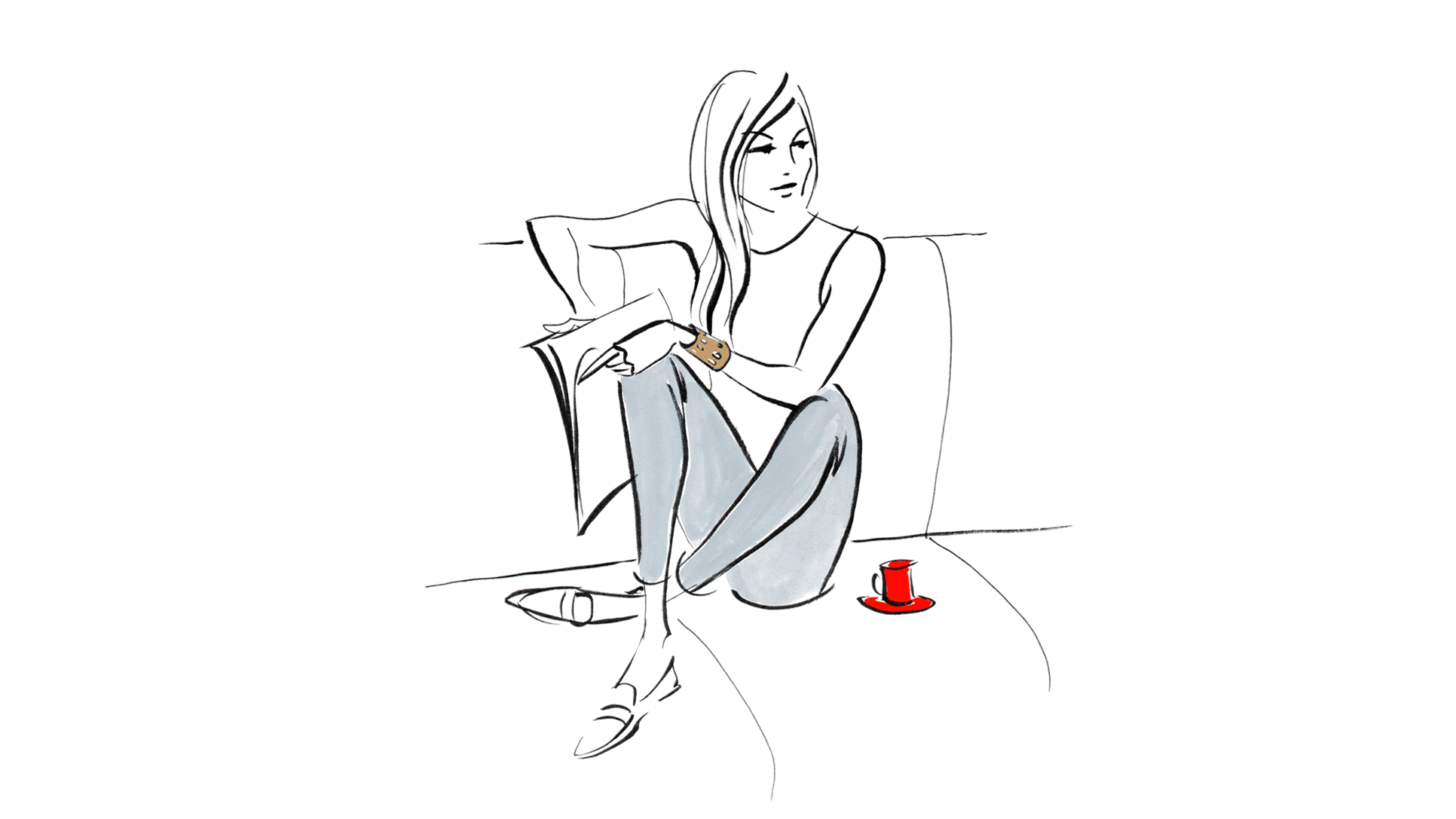 Demours Coffee line illustration of a woman seated on a couch beside a red coffee cup.