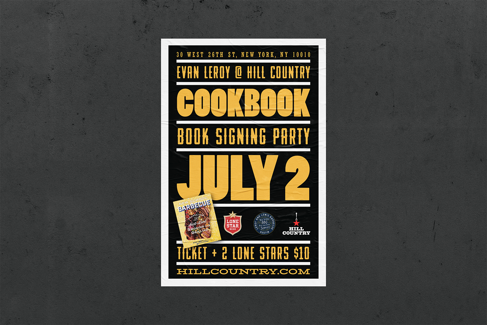 Hill Country poster promoting an Evan LeRoy cookbook signing, with bold yellow typography on black.