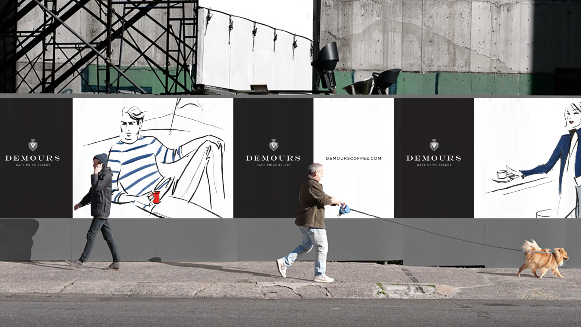 Demours Coffee outdoor poster mockup combining black brand panels and illustrated coffee-drinking scenes.