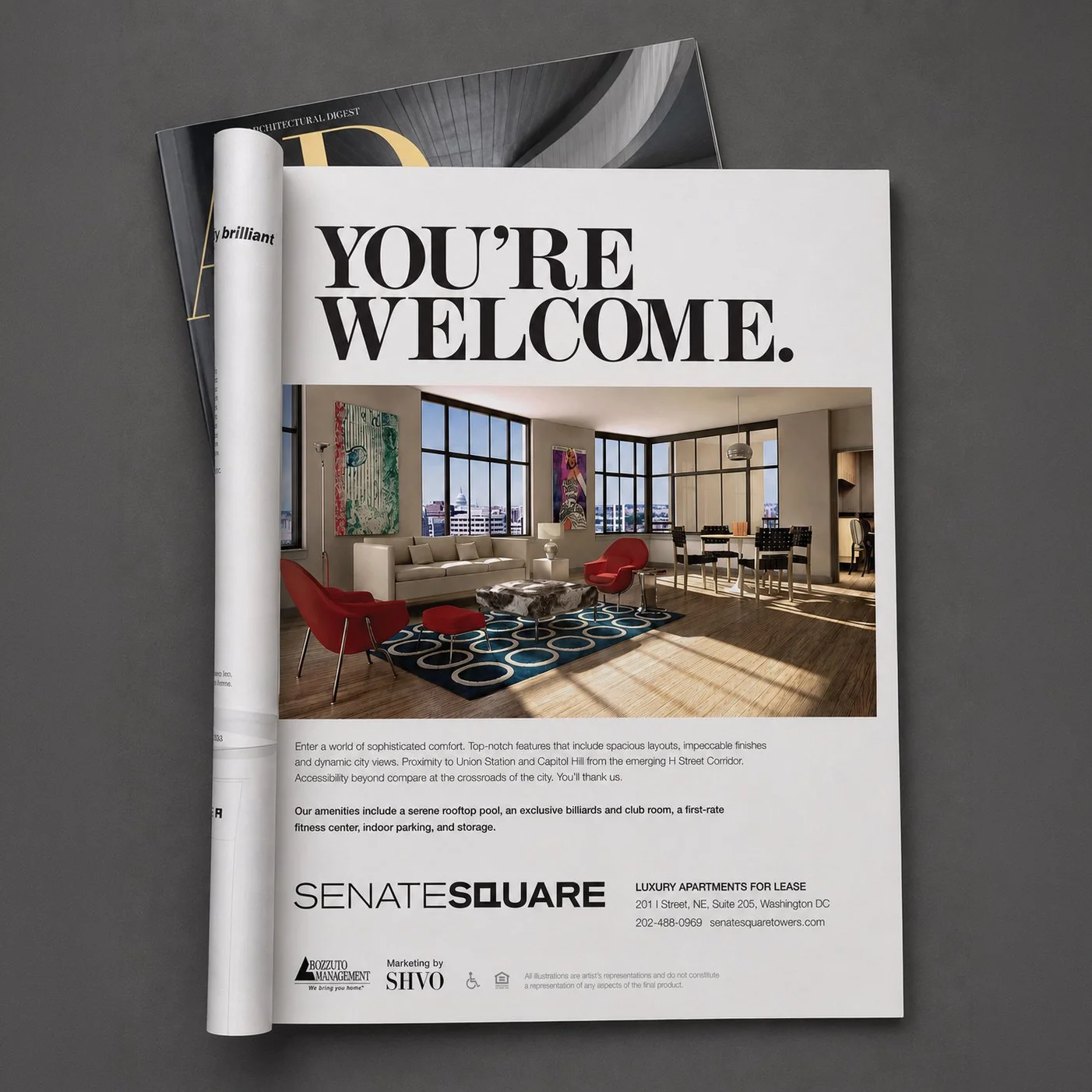 Senate Square print advertisement featuring a bright residential interior beneath “You’re welcome.”