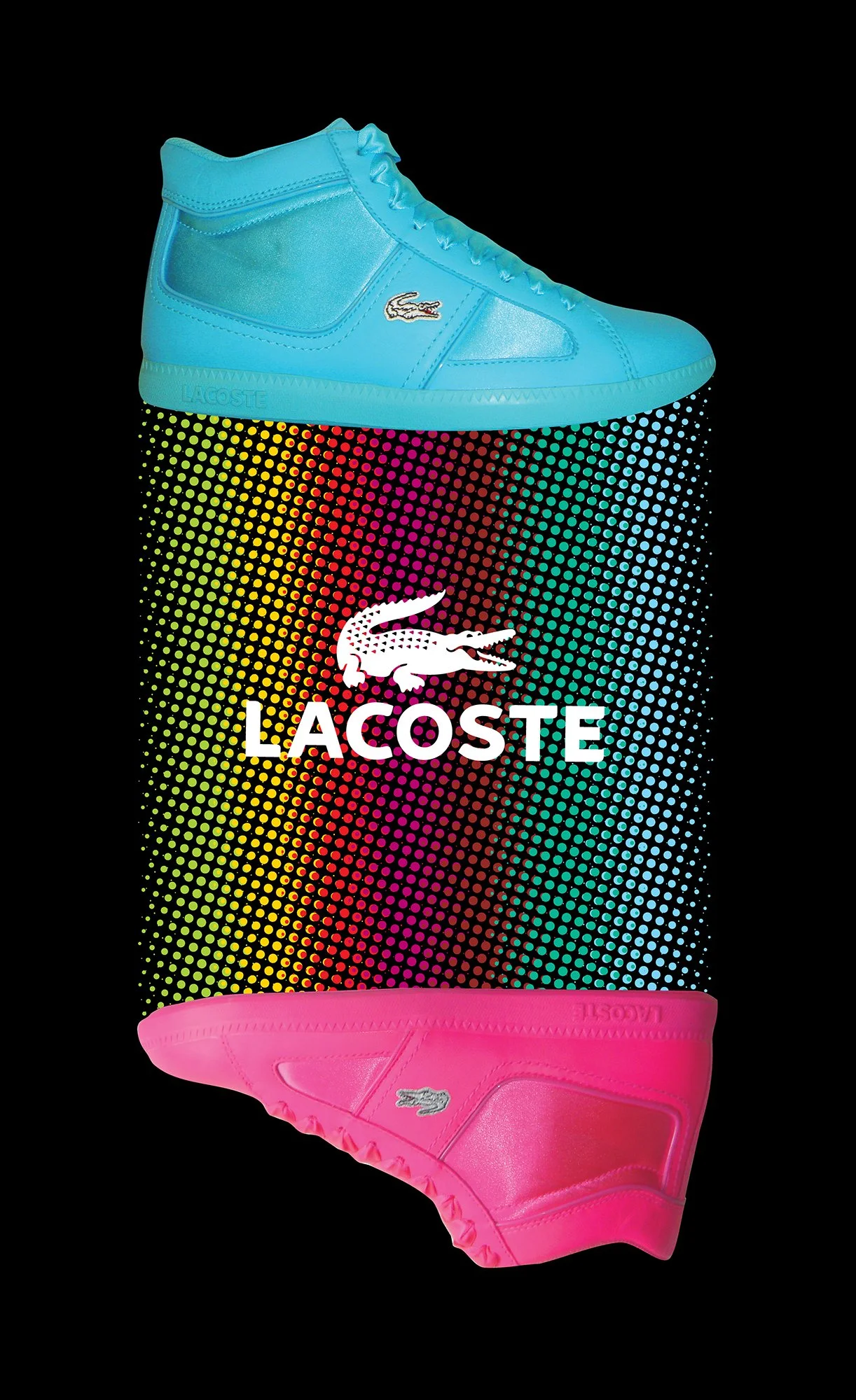 Lacoste poster with cyan and pink sneakers framing a multicolored dotted column on black.