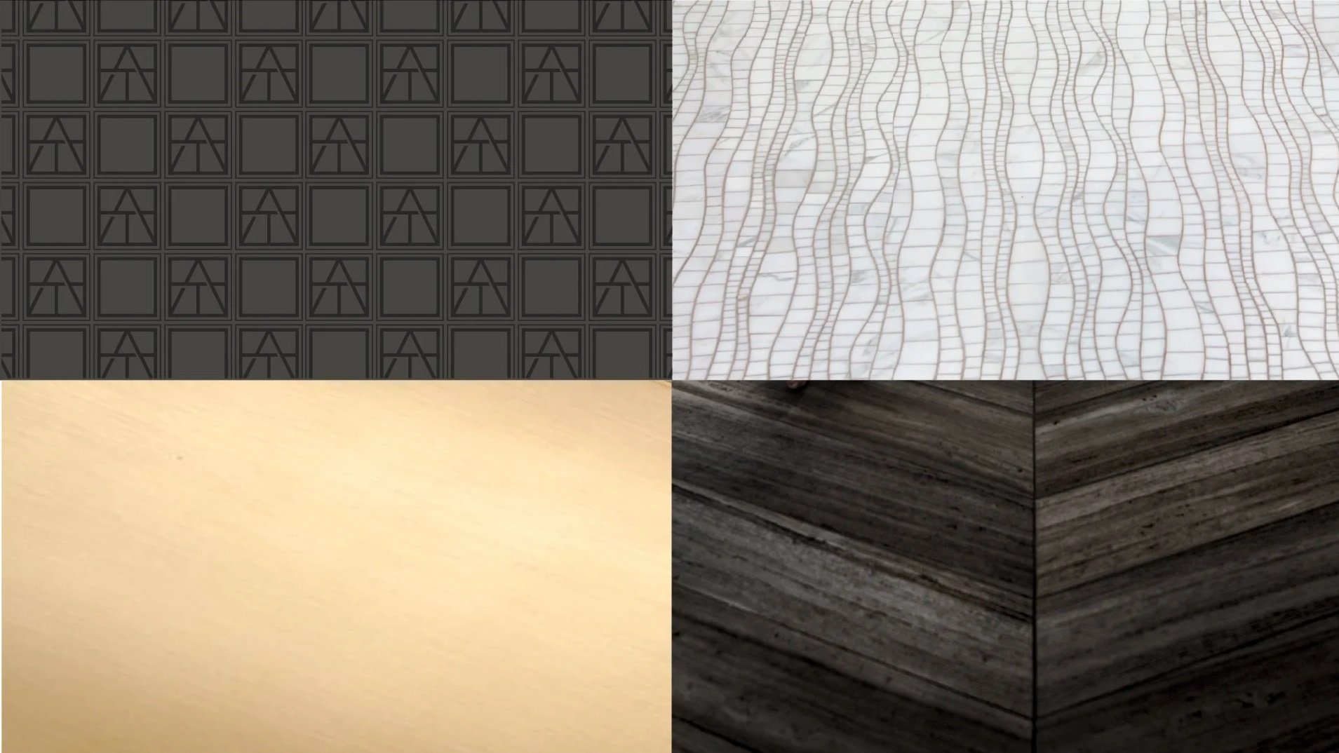 Artistic Tile identity board with the wordmark, monogram pattern and a palette of tile and material textures.
