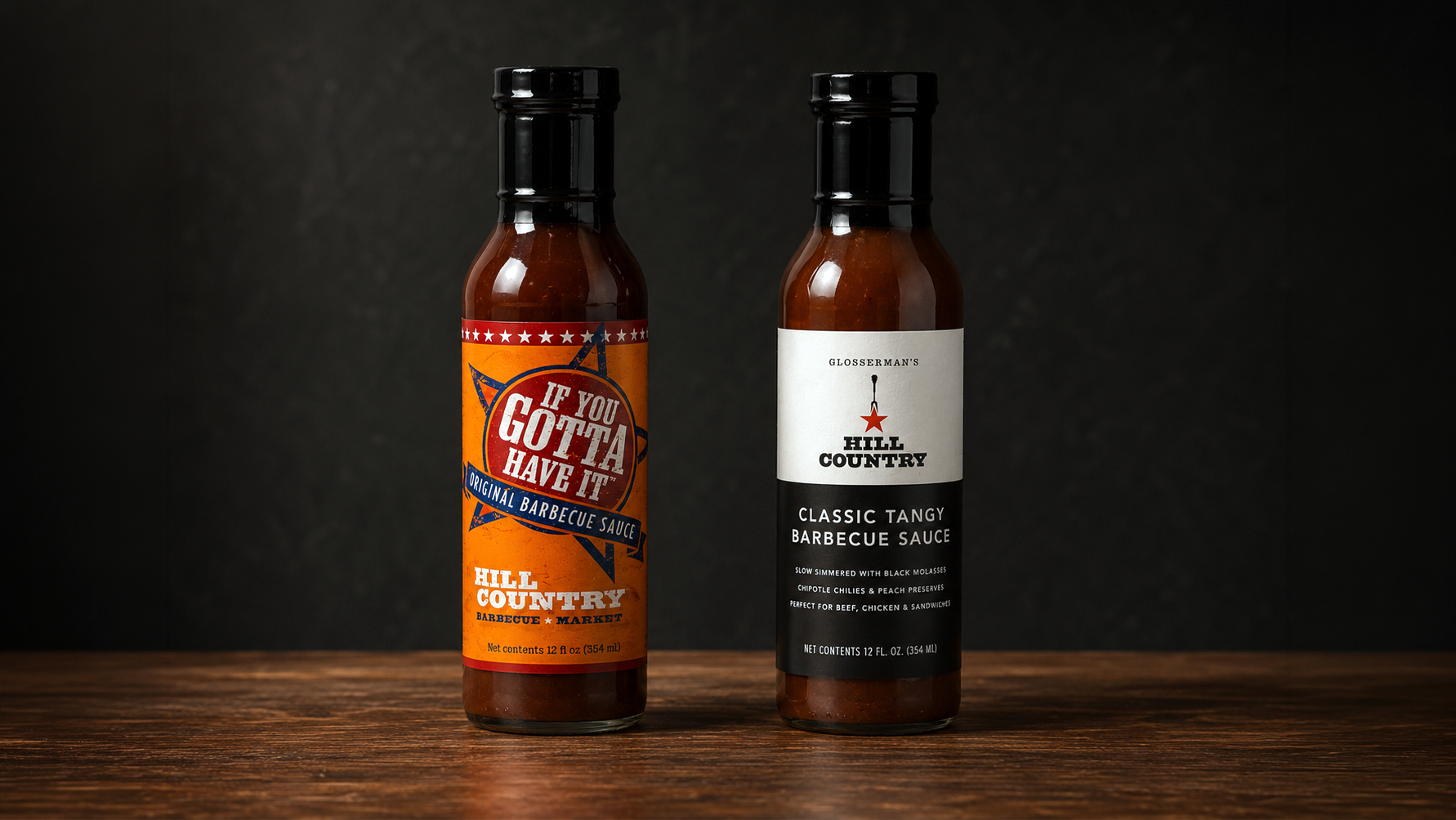 Before-and-after view of Hill Country retail barbecue-sauce packaging.