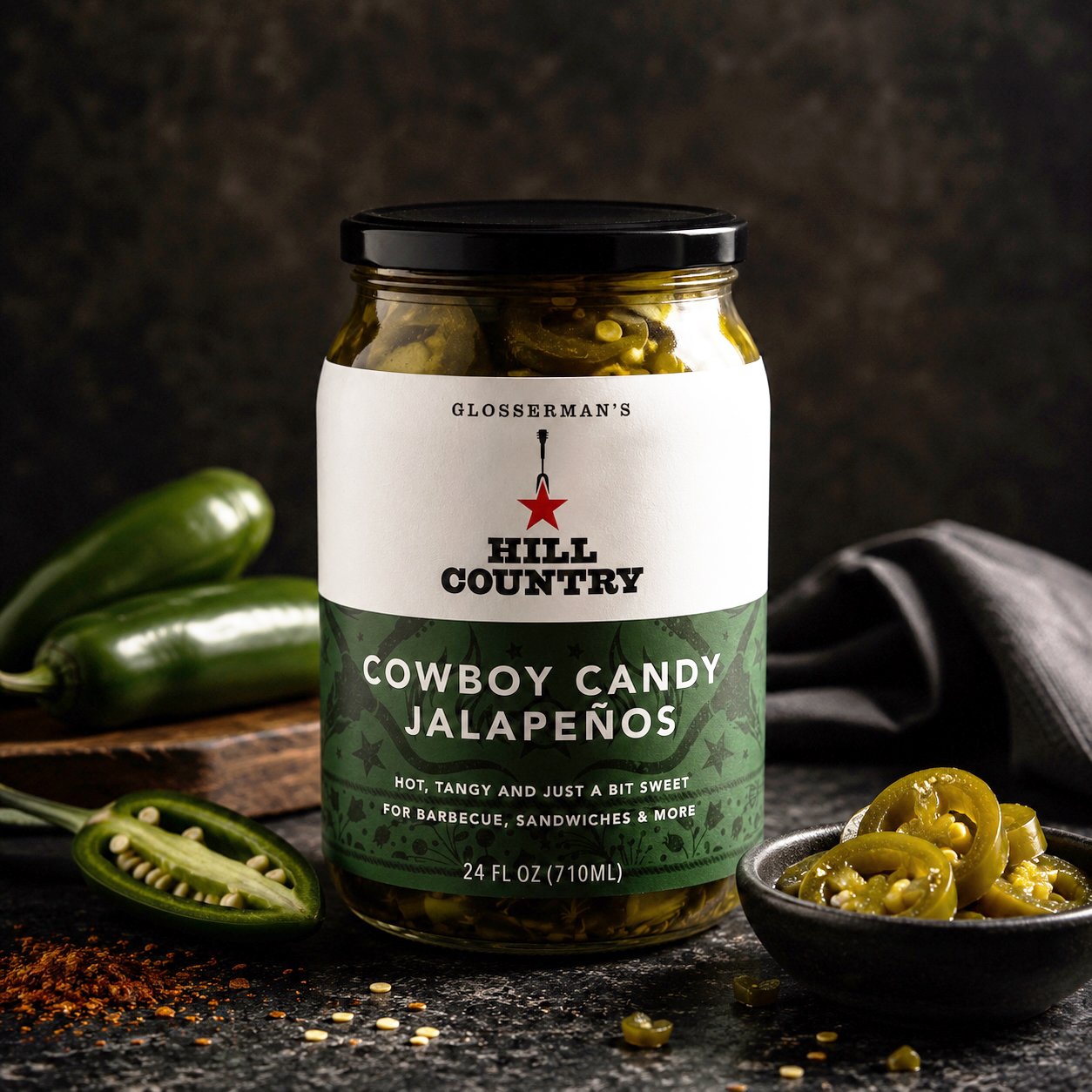 Hill Country Cowboy Candy Jalapeños jar concept with a green label, styled beside sliced peppers.