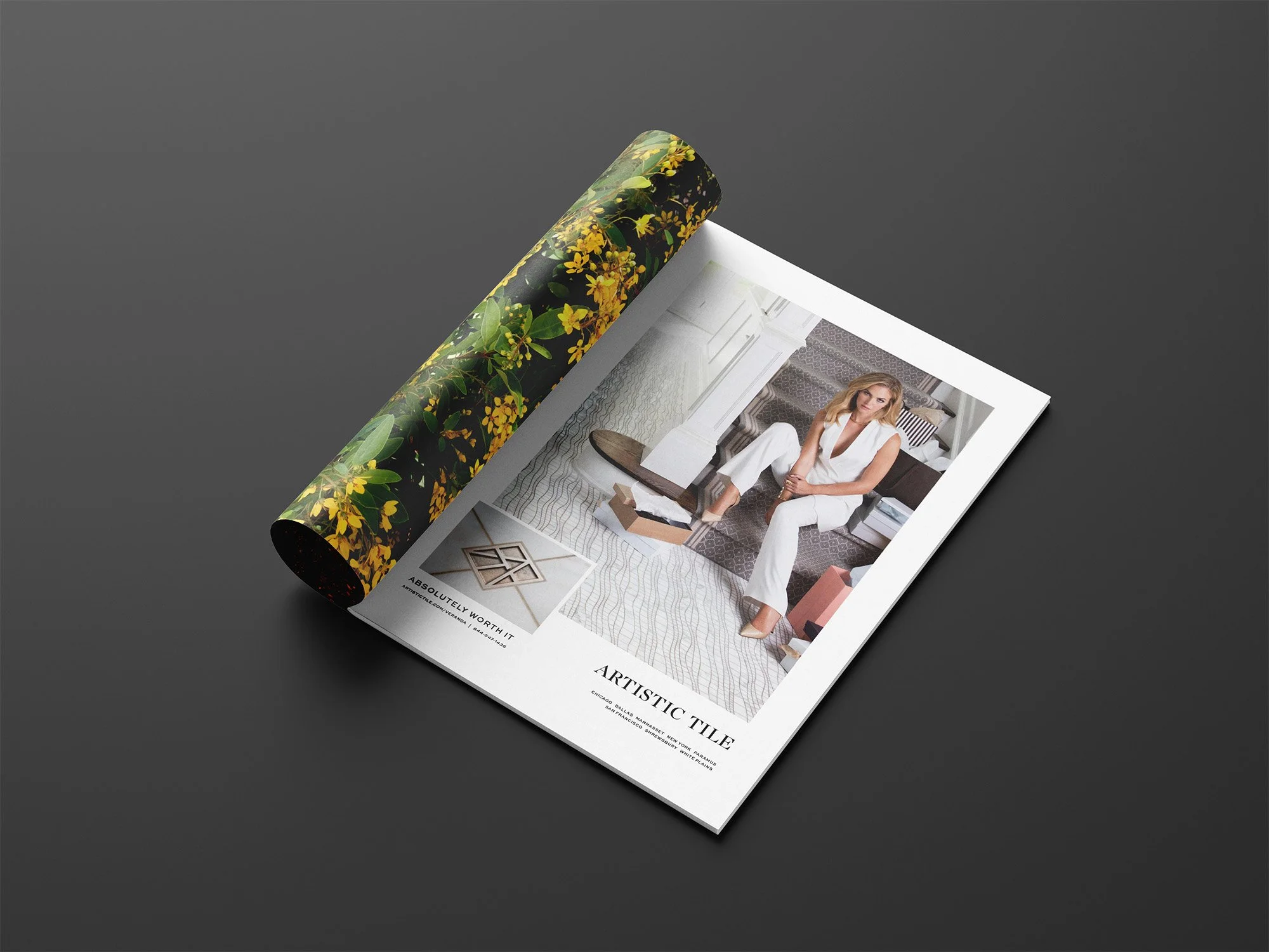 Artistic Tile magazine-ad mockup featuring the bathroom campaign photograph.