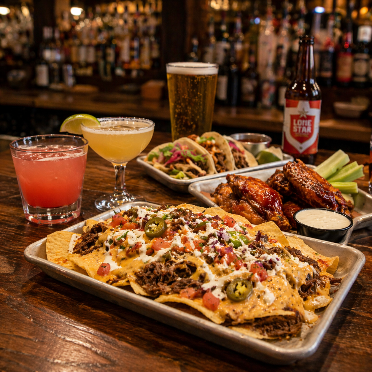 Restaurant spread of loaded nachos, wings, tacos, cocktails and beer, created for SkyPie content.