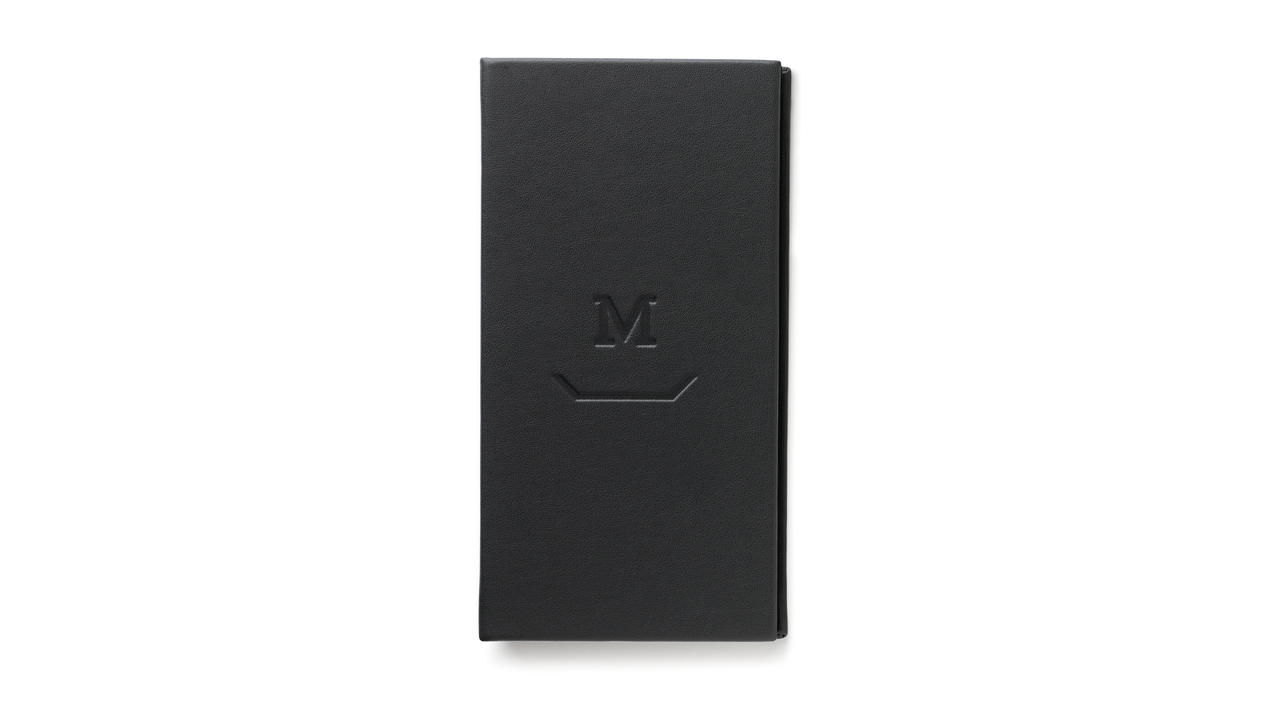 Dark gray Measure menu cover with a blind-embossed M monogram and angular underline.