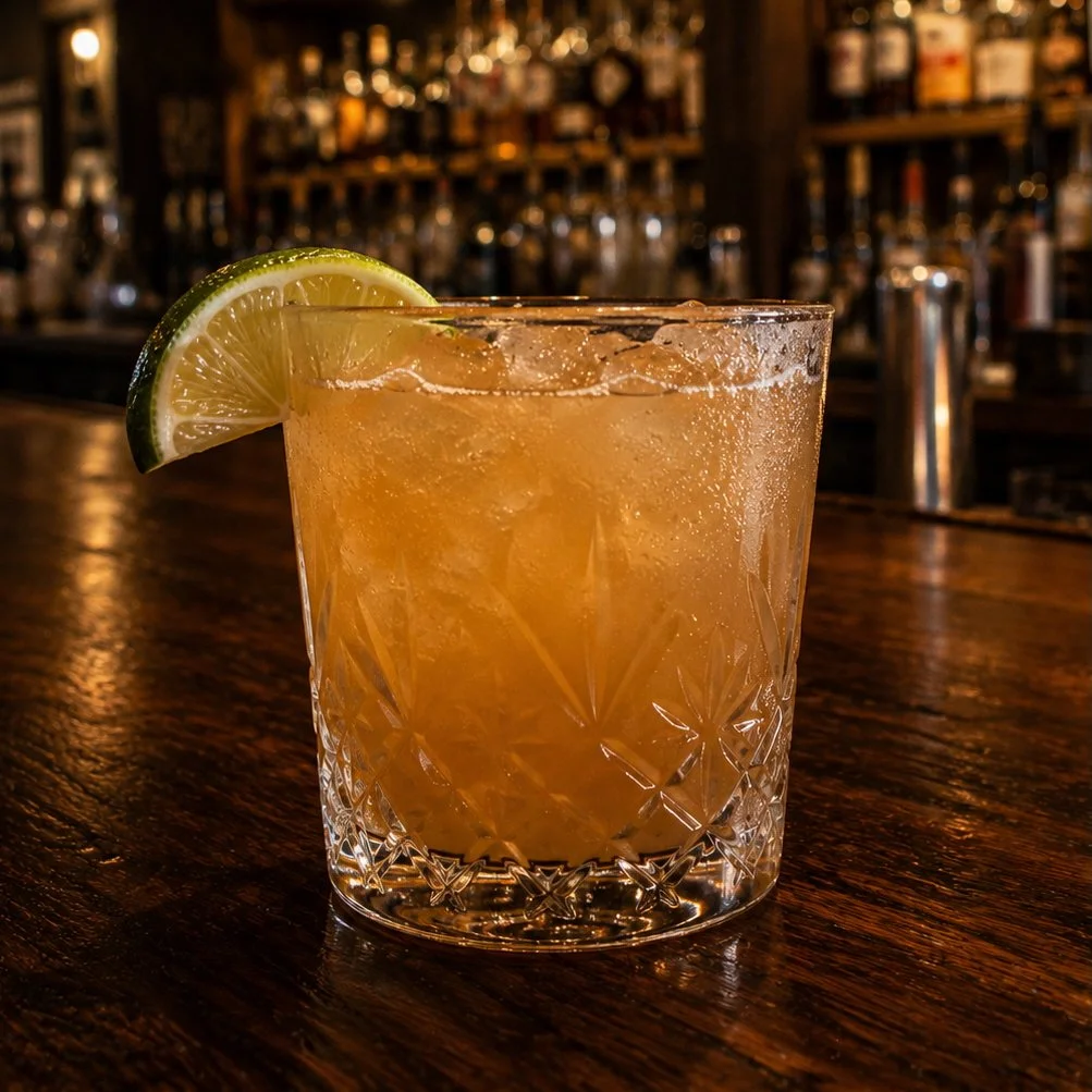 Margarita with a salted rim and lime wedge on a wooden bar, created for SkyPie restaurant content.