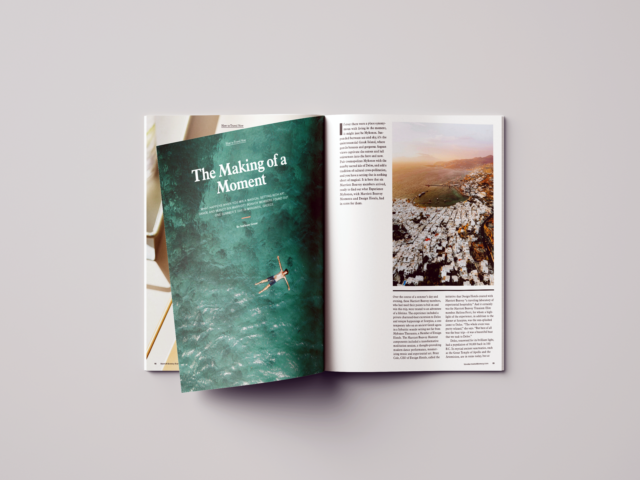 Marriott Bonvoy Traveler spread titled The Making of a Moment, pairing ocean and coastal-town photography